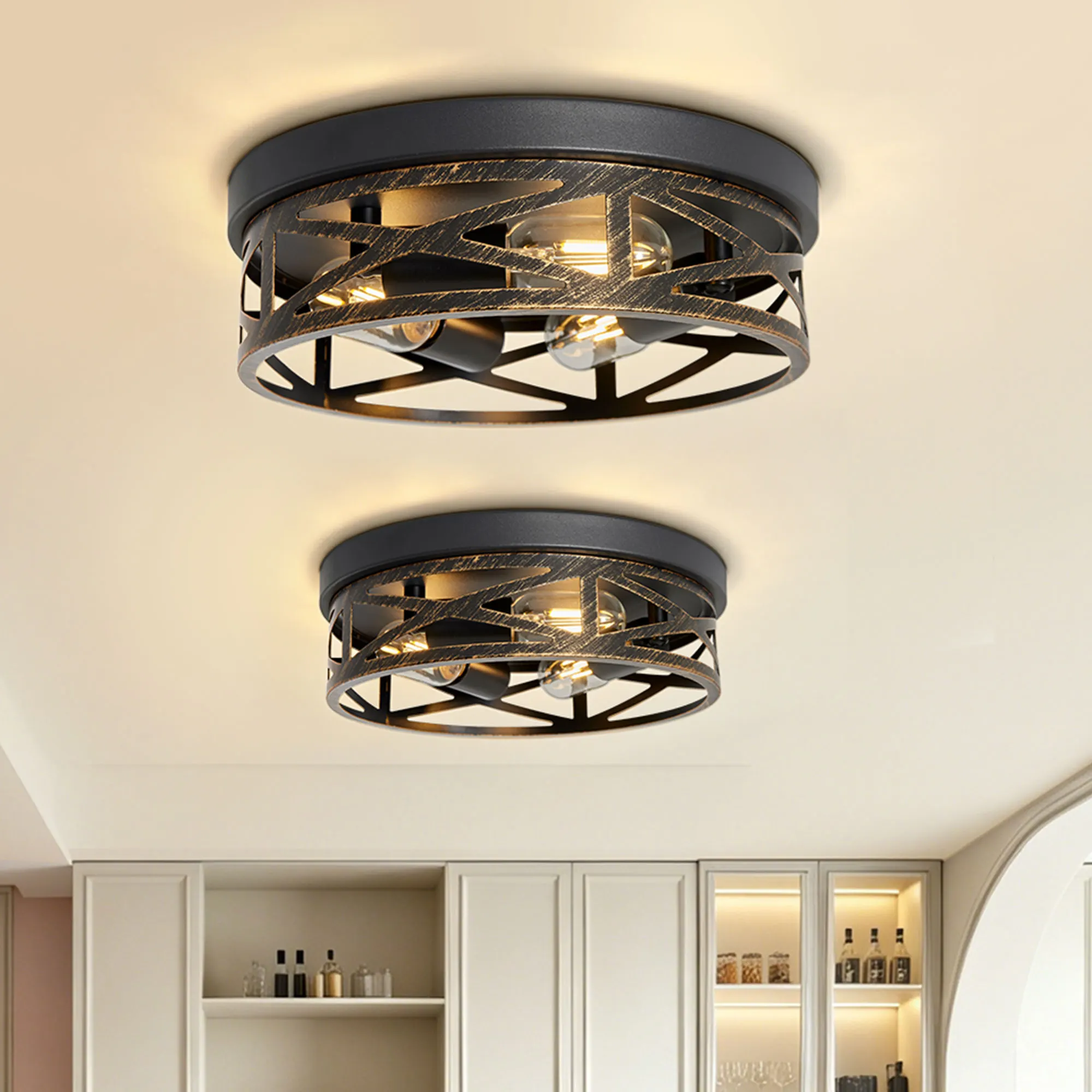 Industrial 3-Light Flush Mount Ceiling Light, 12.6 in (2-Pack)