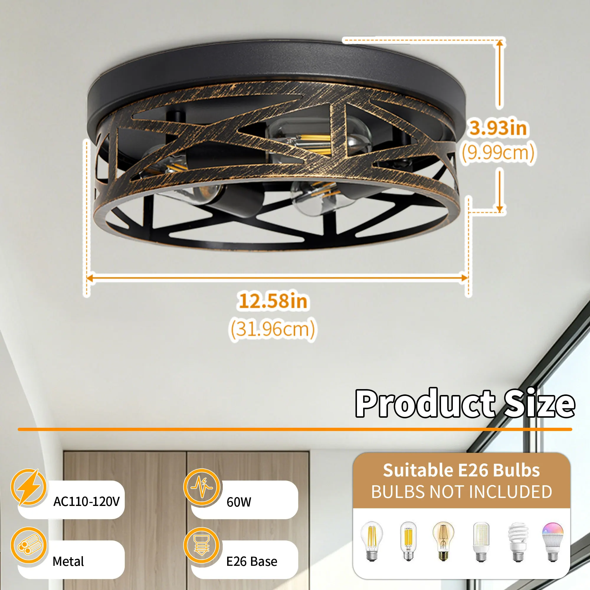 Industrial 3-Light Flush Mount Ceiling Light, 12.6 in (2-Pack), image 3 of 11