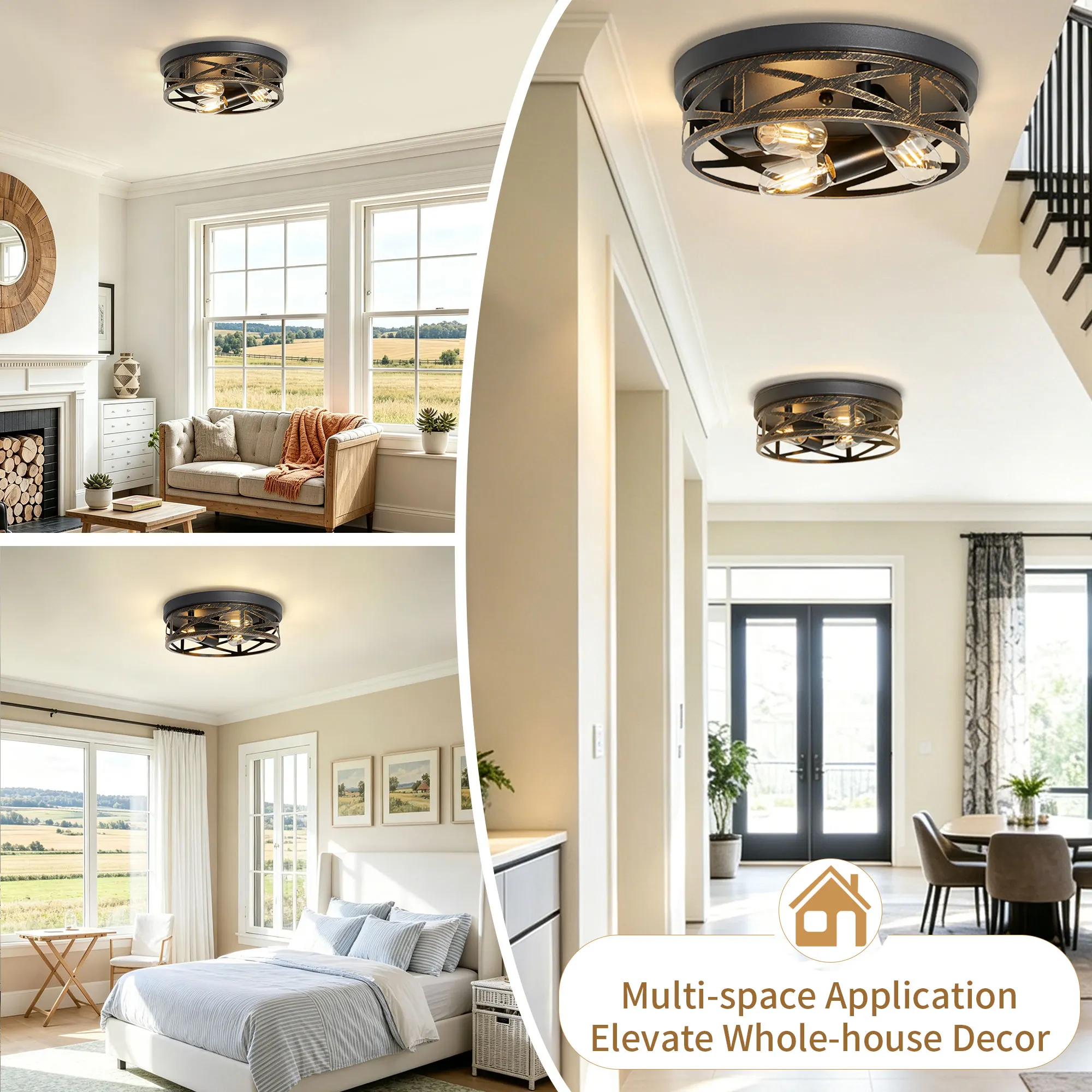 Industrial 3-Light Flush Mount Ceiling Light, 12.6 in (2-Pack), image 5 of 11