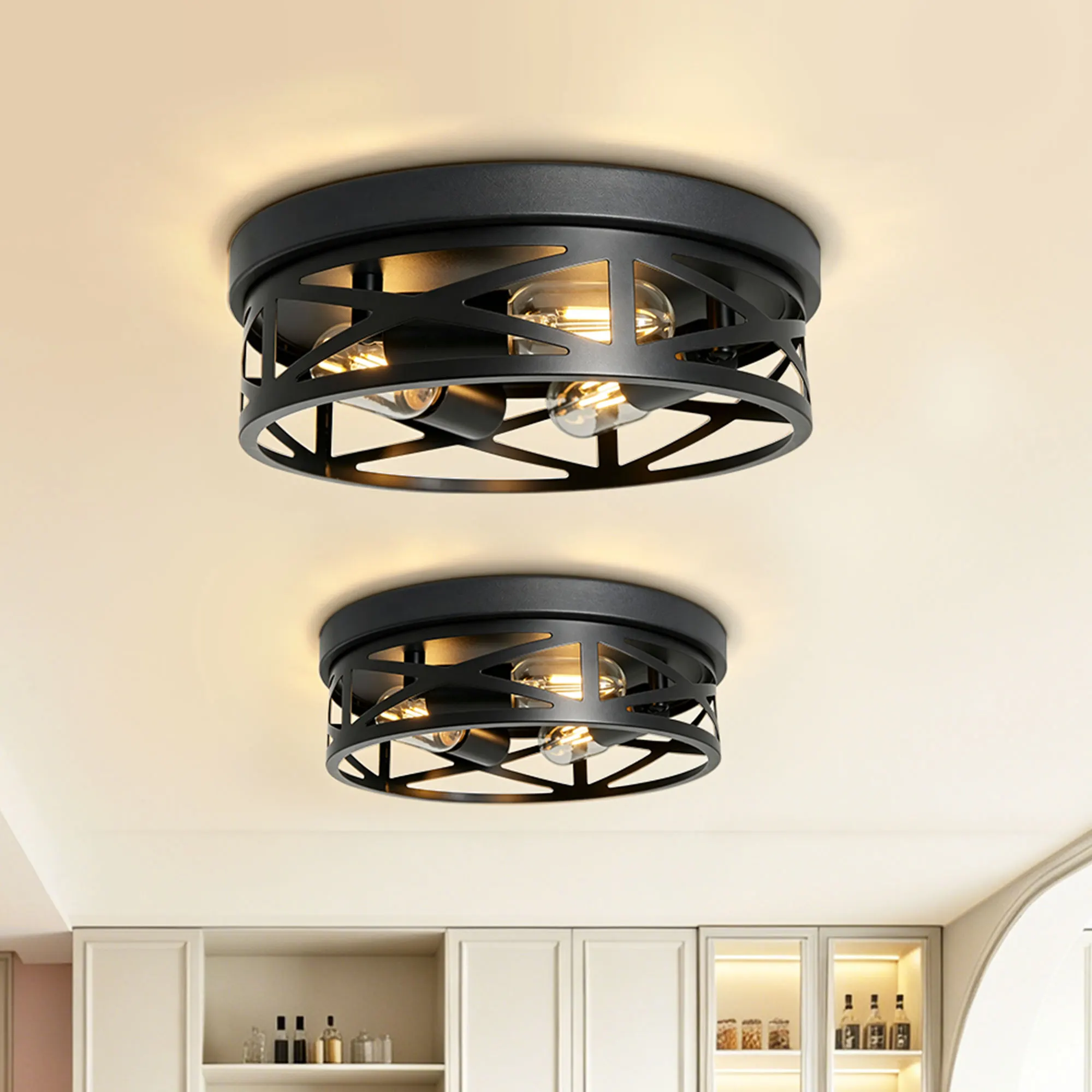 Industrial 3-Light Flush Mount Ceiling Light, 12.6 in (2-Pack)