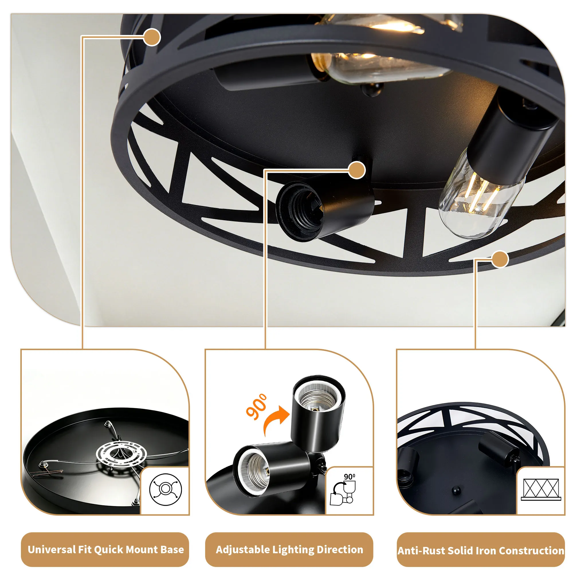 Industrial 3-Light Flush Mount Ceiling Light, 12.6 in (2-Pack), image 7 of 11