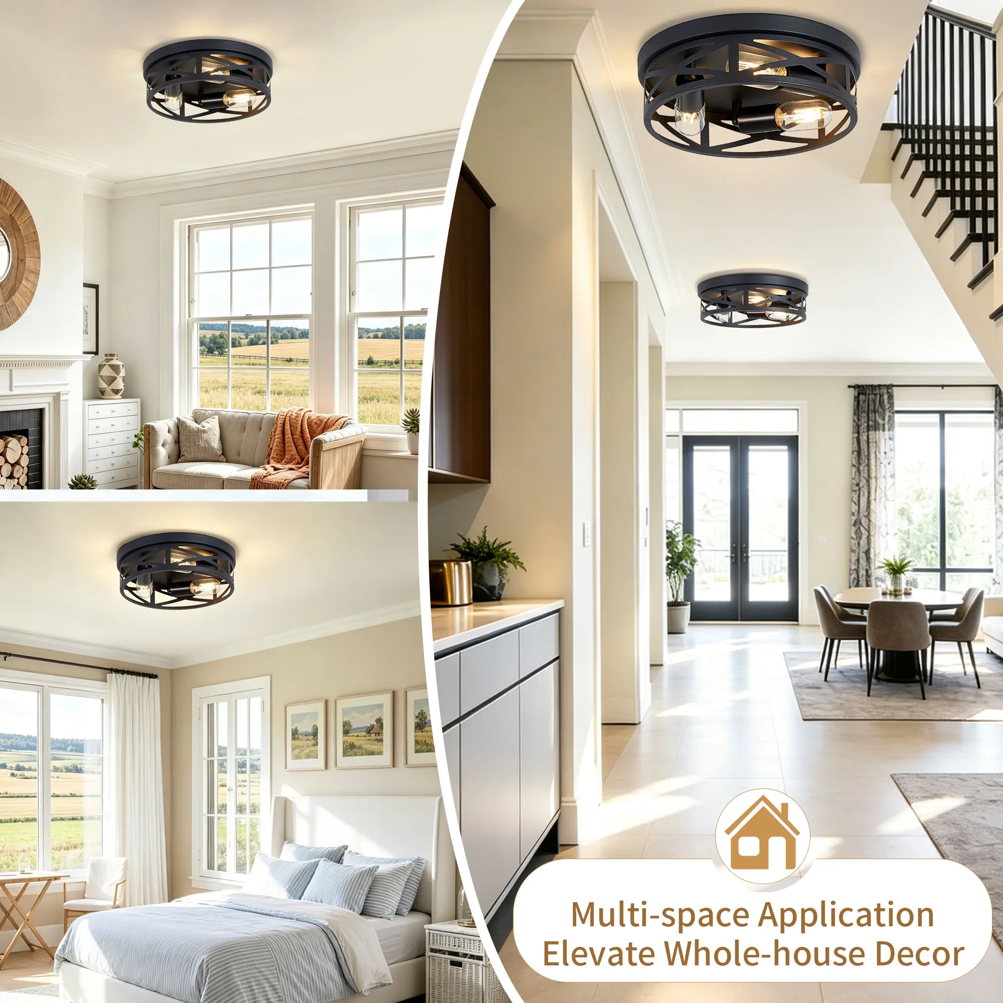 Industrial 3-Light Flush Mount Ceiling Light, 12.6 in (2-Pack), image 9 of 11