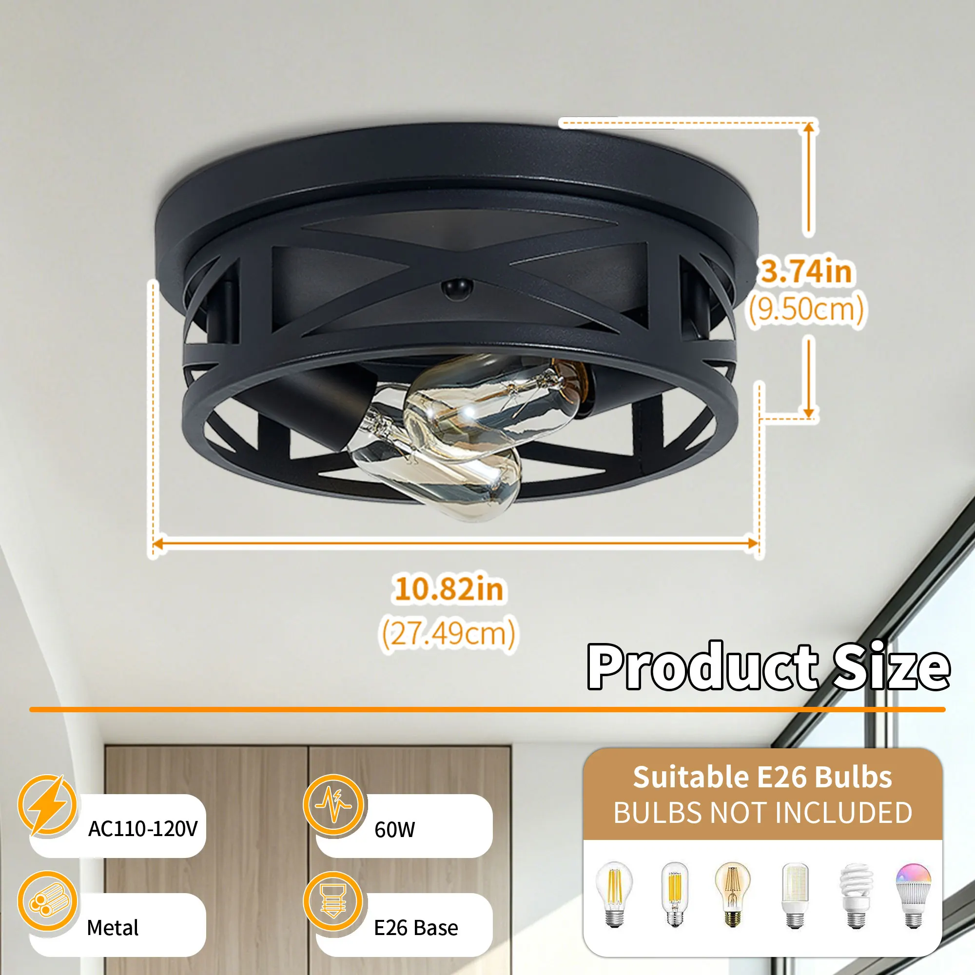 Industrial 2-Light Flush Mount Ceiling Light, 10.8 in (2-Pack), image 3 of 11