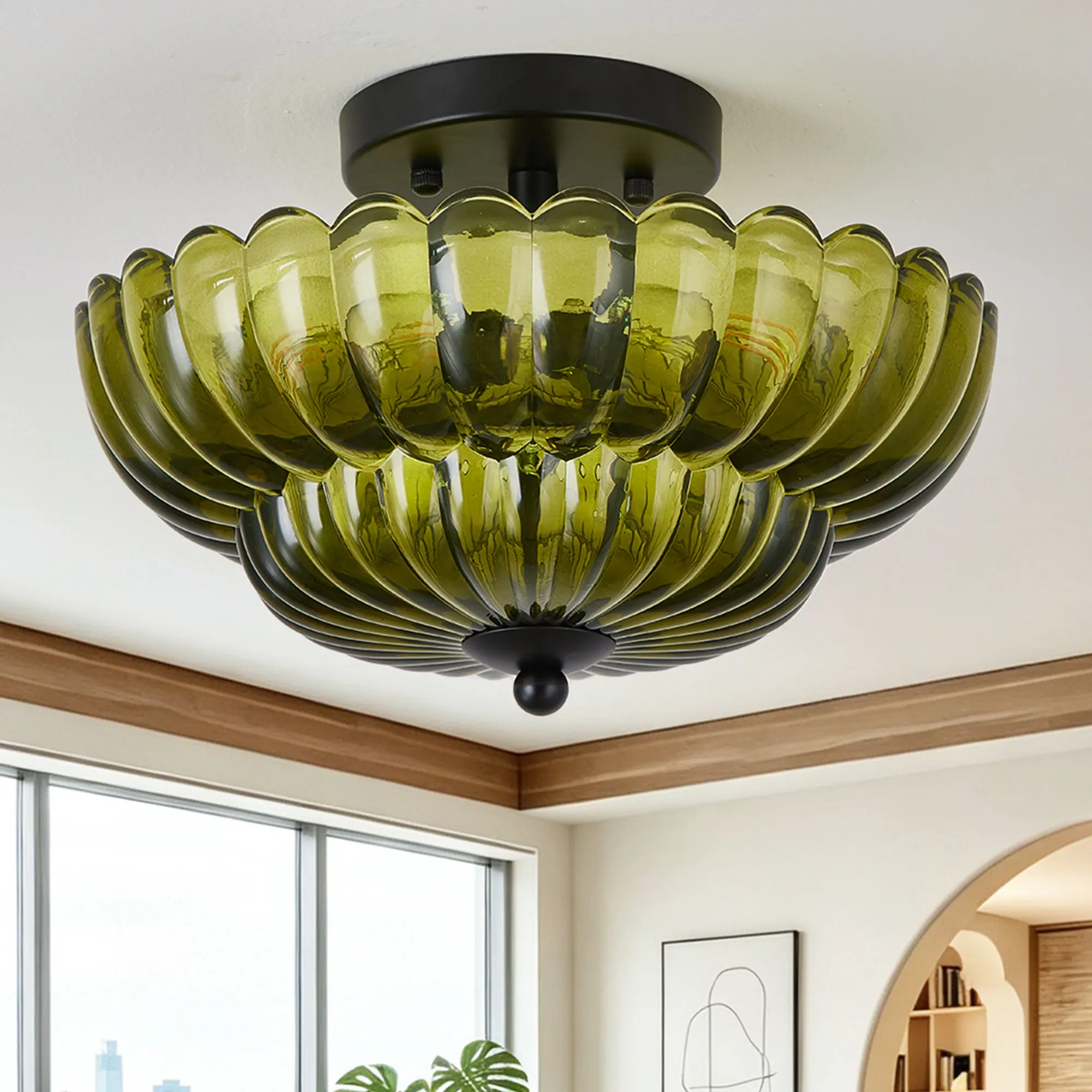Vintage 3-Light Glass Semi-Flush Mount Ceiling Light, 11.8 in
