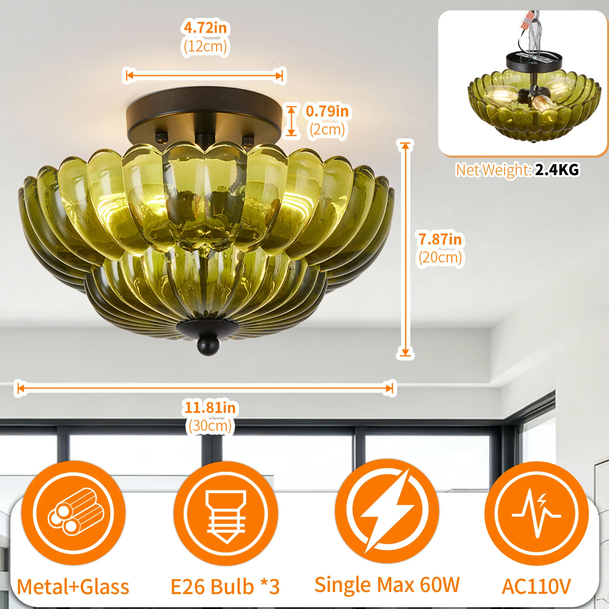 Vintage 3-Light Glass Semi-Flush Mount Ceiling Light, 11.8 in, image 3 of 10