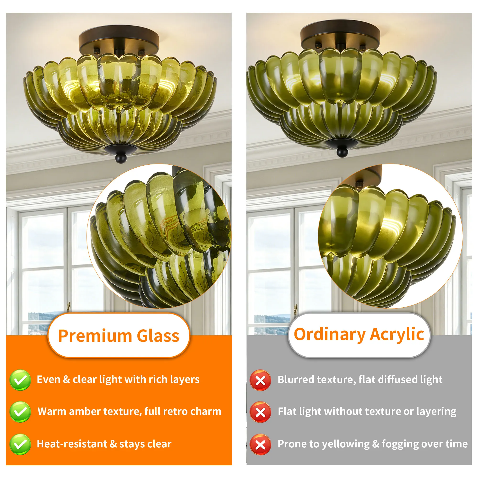 Vintage 3-Light Glass Semi-Flush Mount Ceiling Light, 11.8 in, image 9 of 10