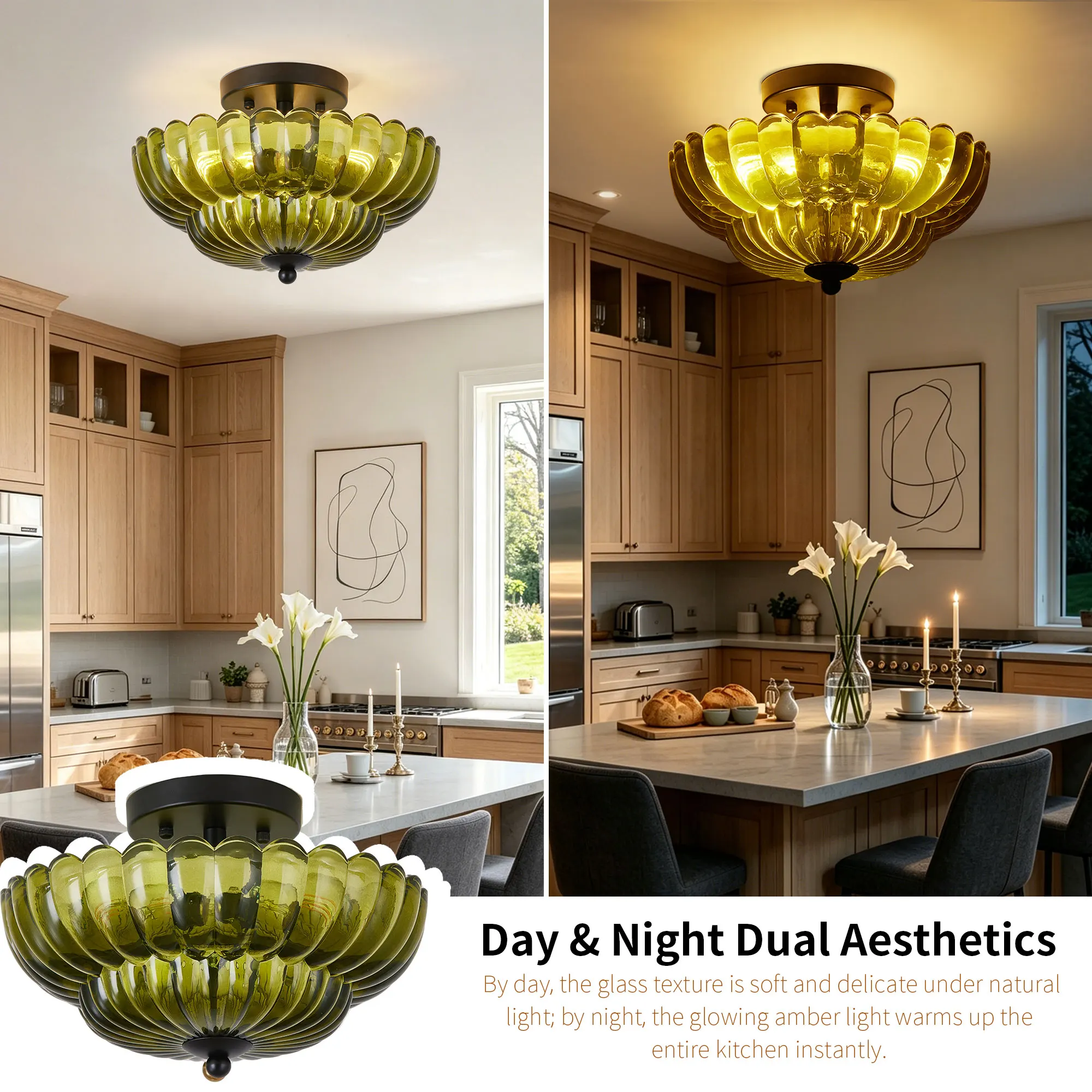 Vintage 3-Light Glass Semi-Flush Mount Ceiling Light, 11.8 in, image 4 of 10