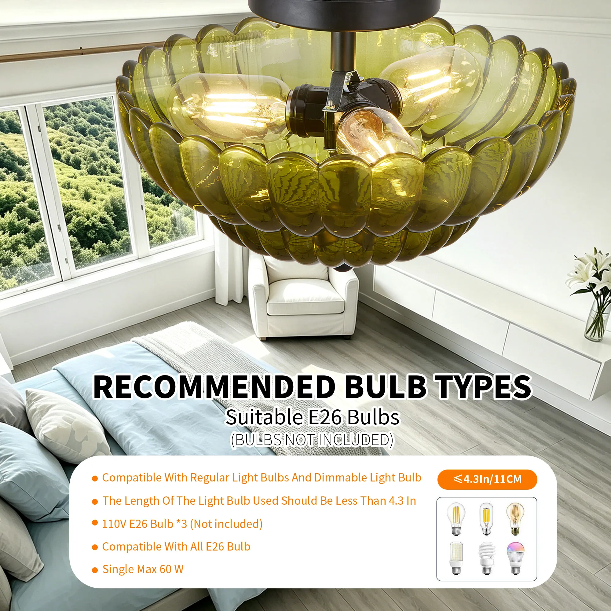 Vintage 3-Light Glass Semi-Flush Mount Ceiling Light, 11.8 in, image 5 of 10