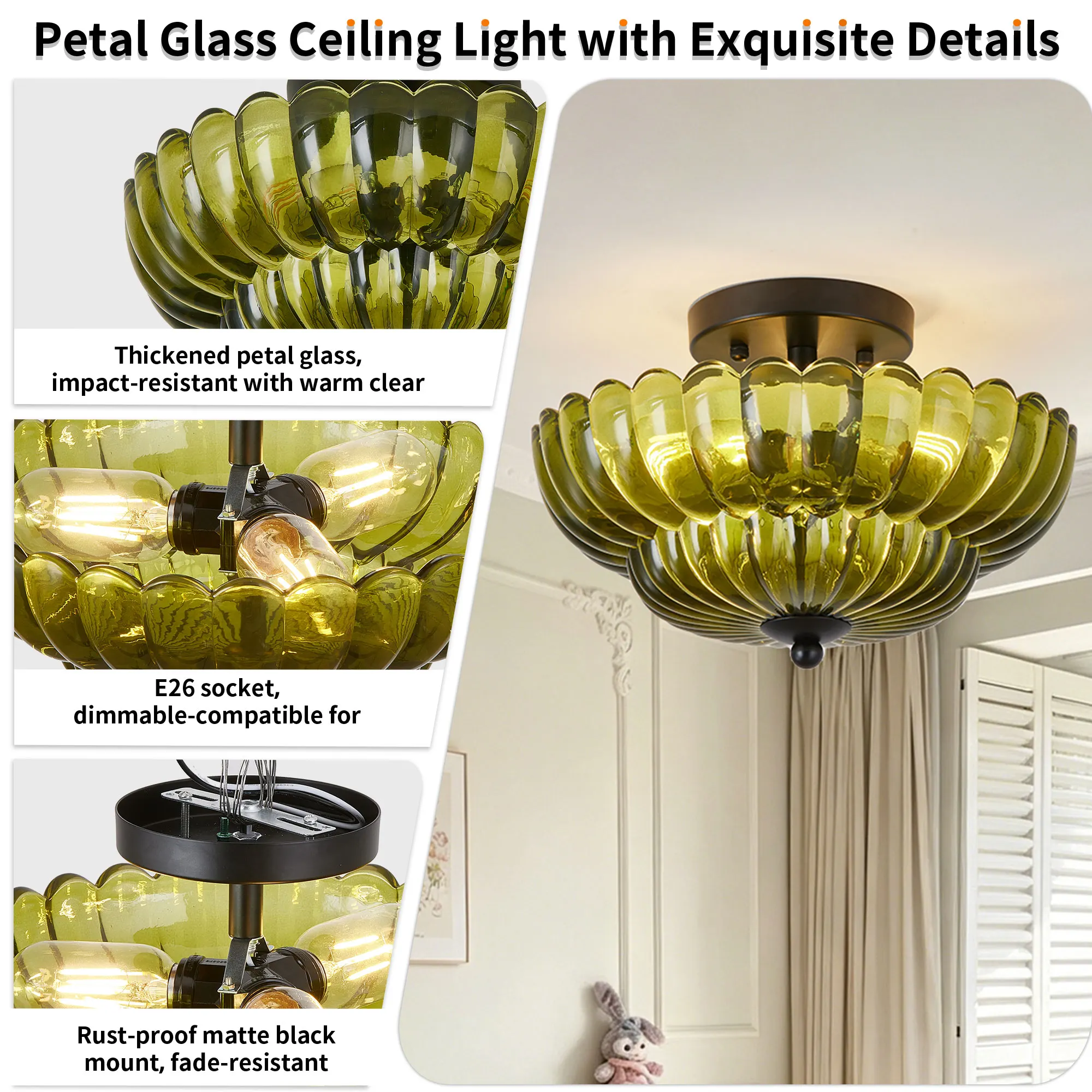 Vintage 3-Light Glass Semi-Flush Mount Ceiling Light, 11.8 in, image 10 of 10