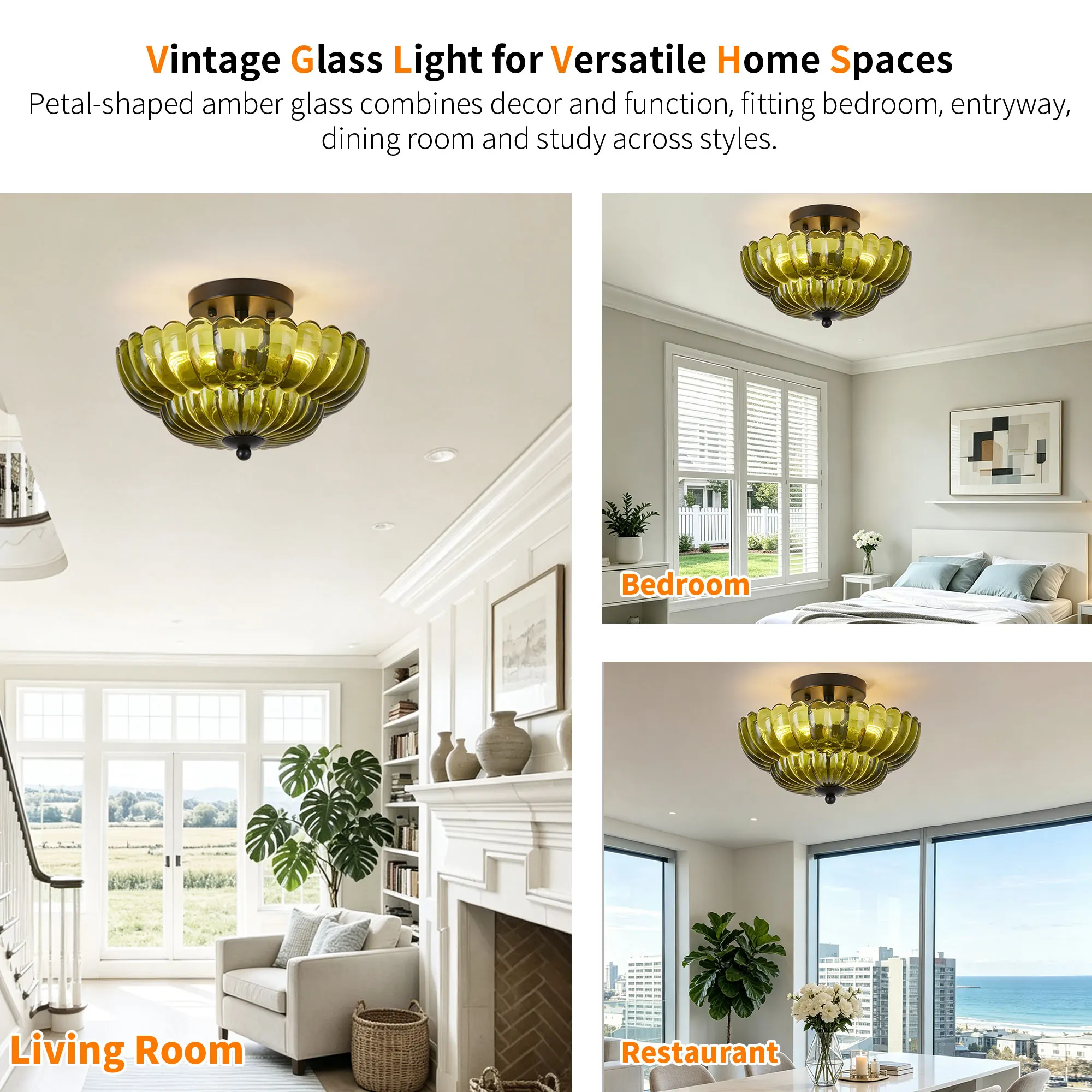 Vintage 3-Light Glass Semi-Flush Mount Ceiling Light, 11.8 in, image 6 of 10