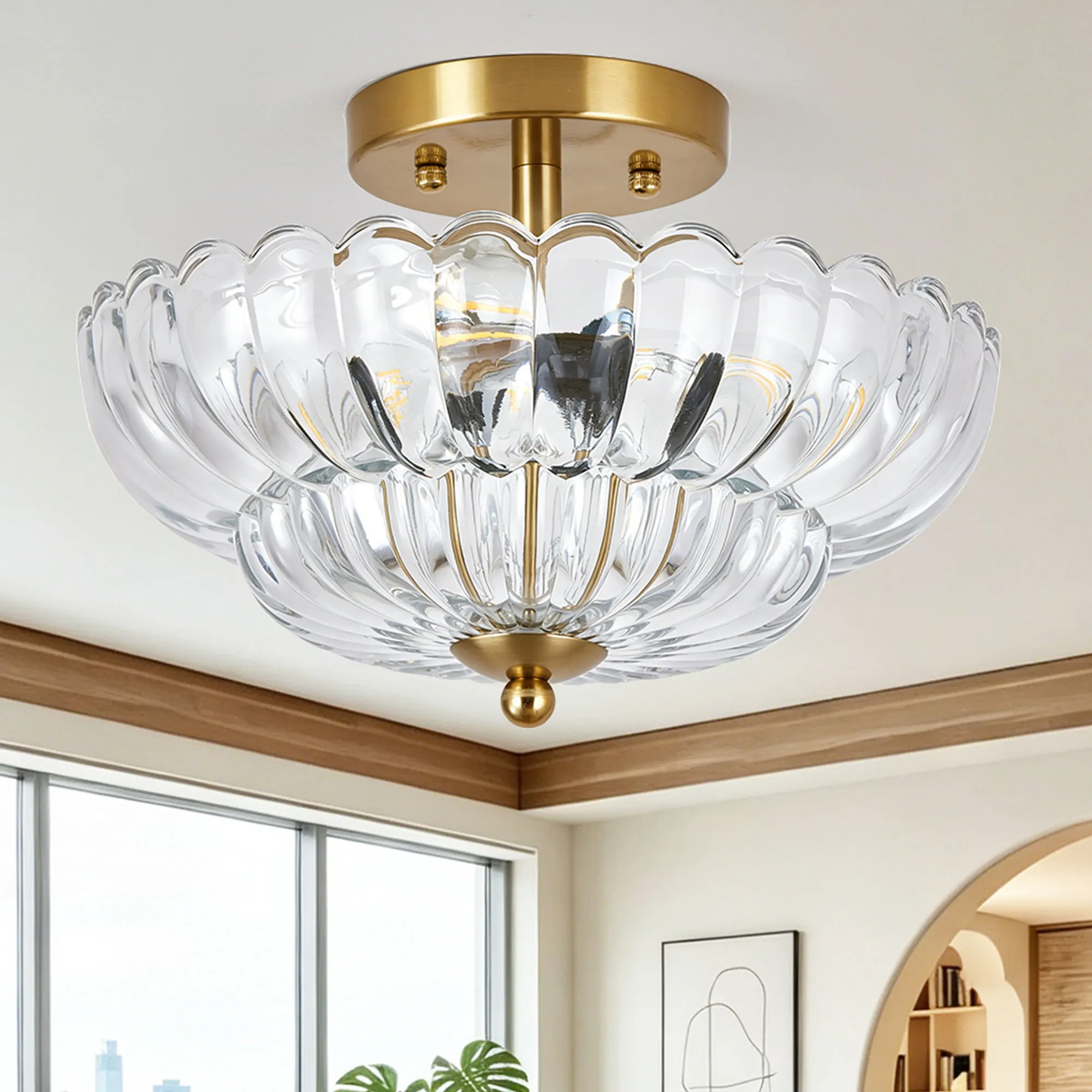 Vintage 3-Light Glass Semi-Flush Mount Ceiling Light, 11.8 in
