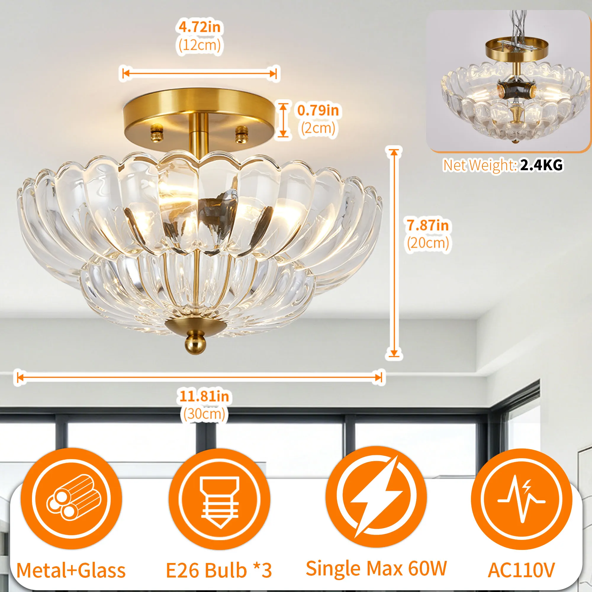 Vintage 3-Light Glass Semi-Flush Mount Ceiling Light, 11.8 in, image 7 of 11