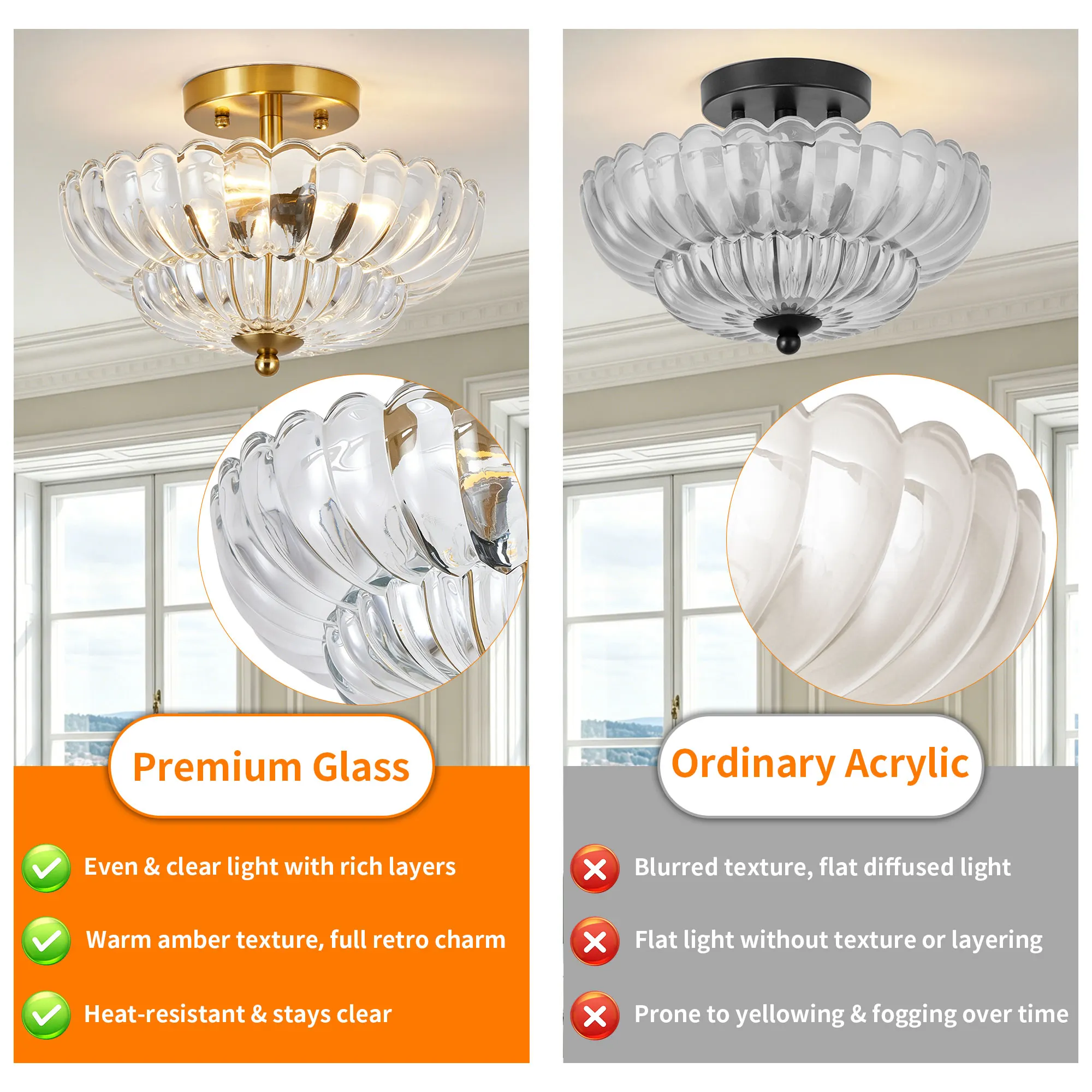 Vintage 3-Light Glass Semi-Flush Mount Ceiling Light, 11.8 in, image 8 of 11