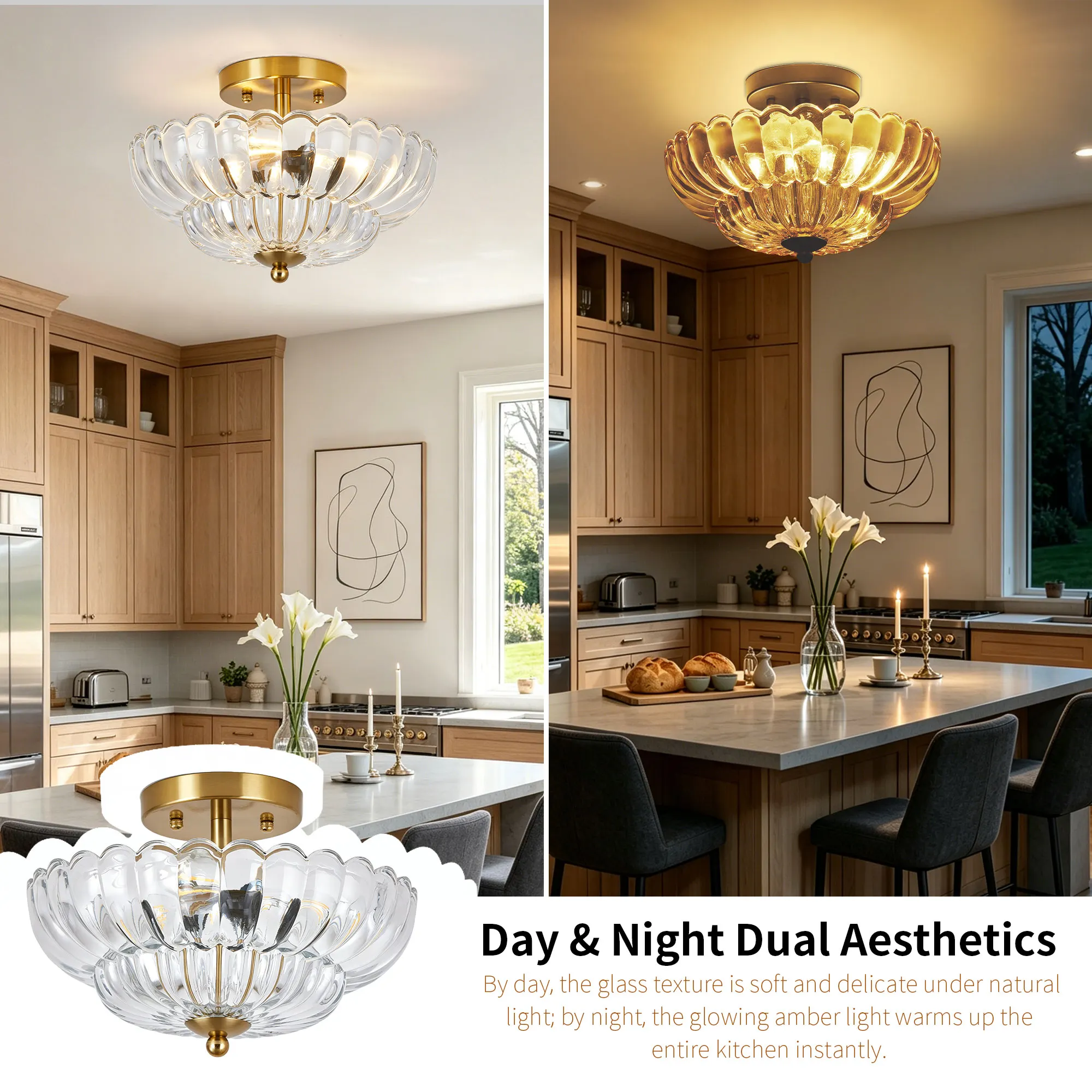 Vintage 3-Light Glass Semi-Flush Mount Ceiling Light, 11.8 in, image 3 of 11