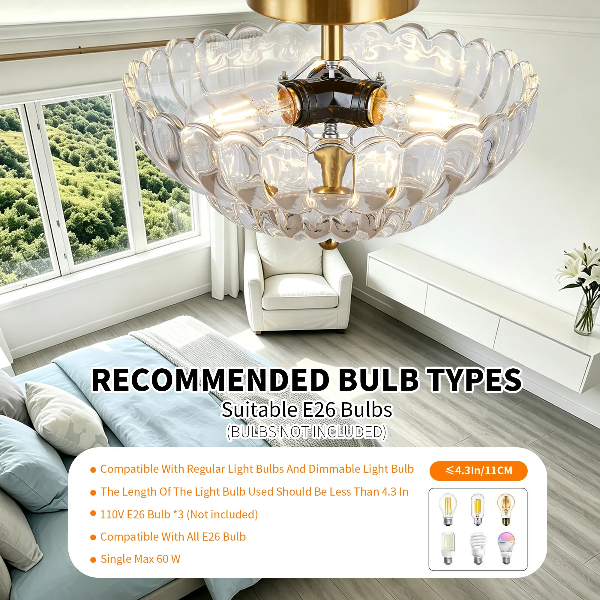 Vintage 3-Light Glass Semi-Flush Mount Ceiling Light, 11.8 in, image 4 of 11