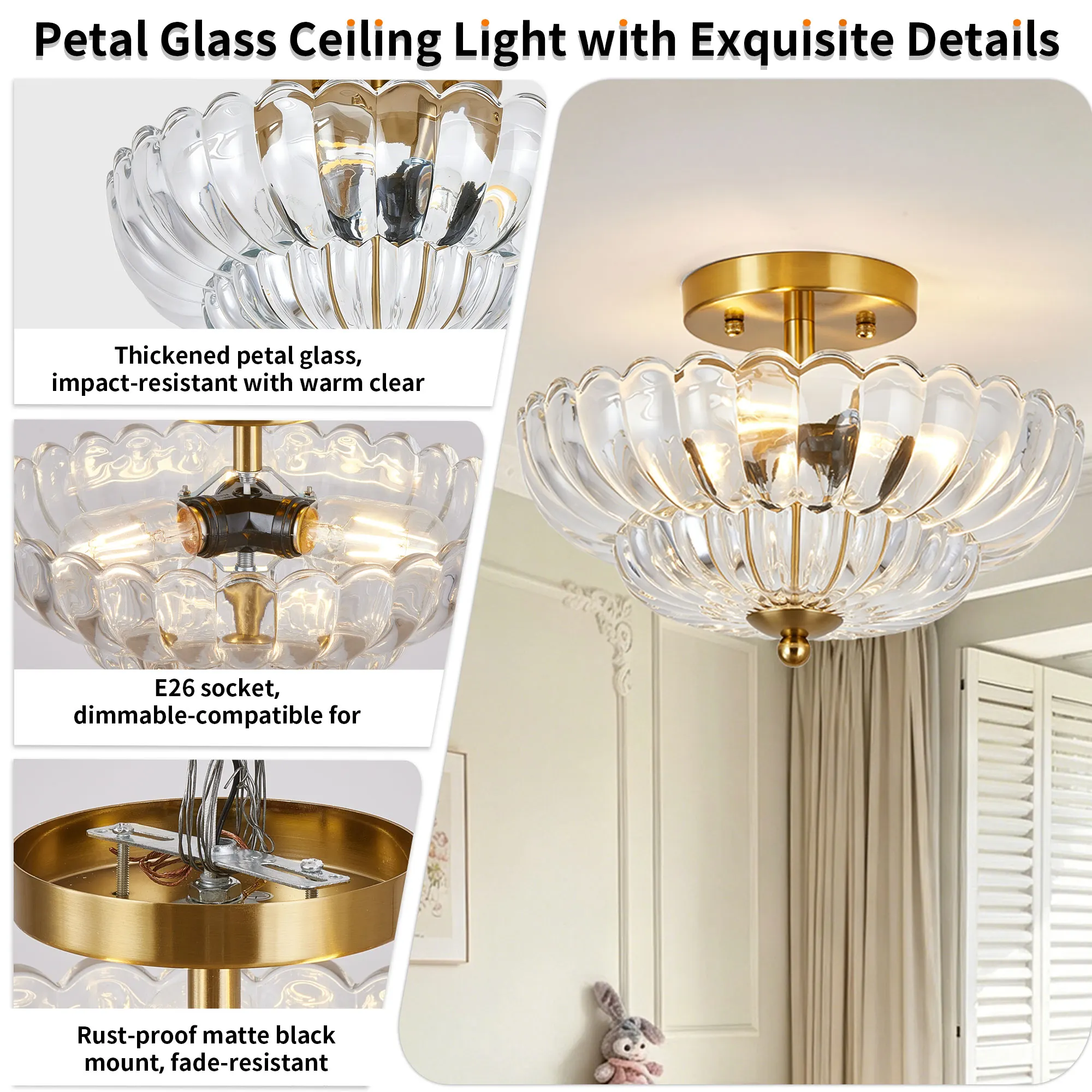 Vintage 3-Light Glass Semi-Flush Mount Ceiling Light, 11.8 in, image 5 of 11