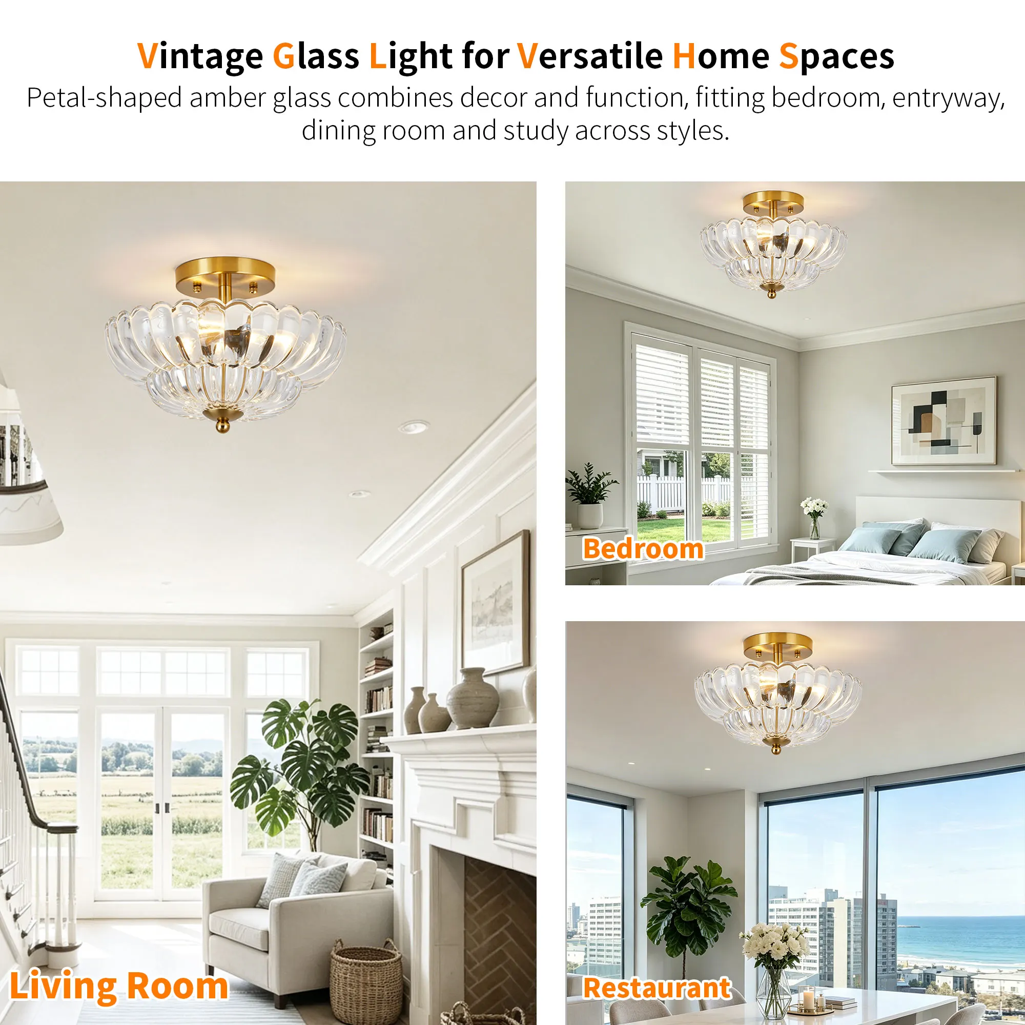 Vintage 3-Light Glass Semi-Flush Mount Ceiling Light, 11.8 in, image 6 of 11