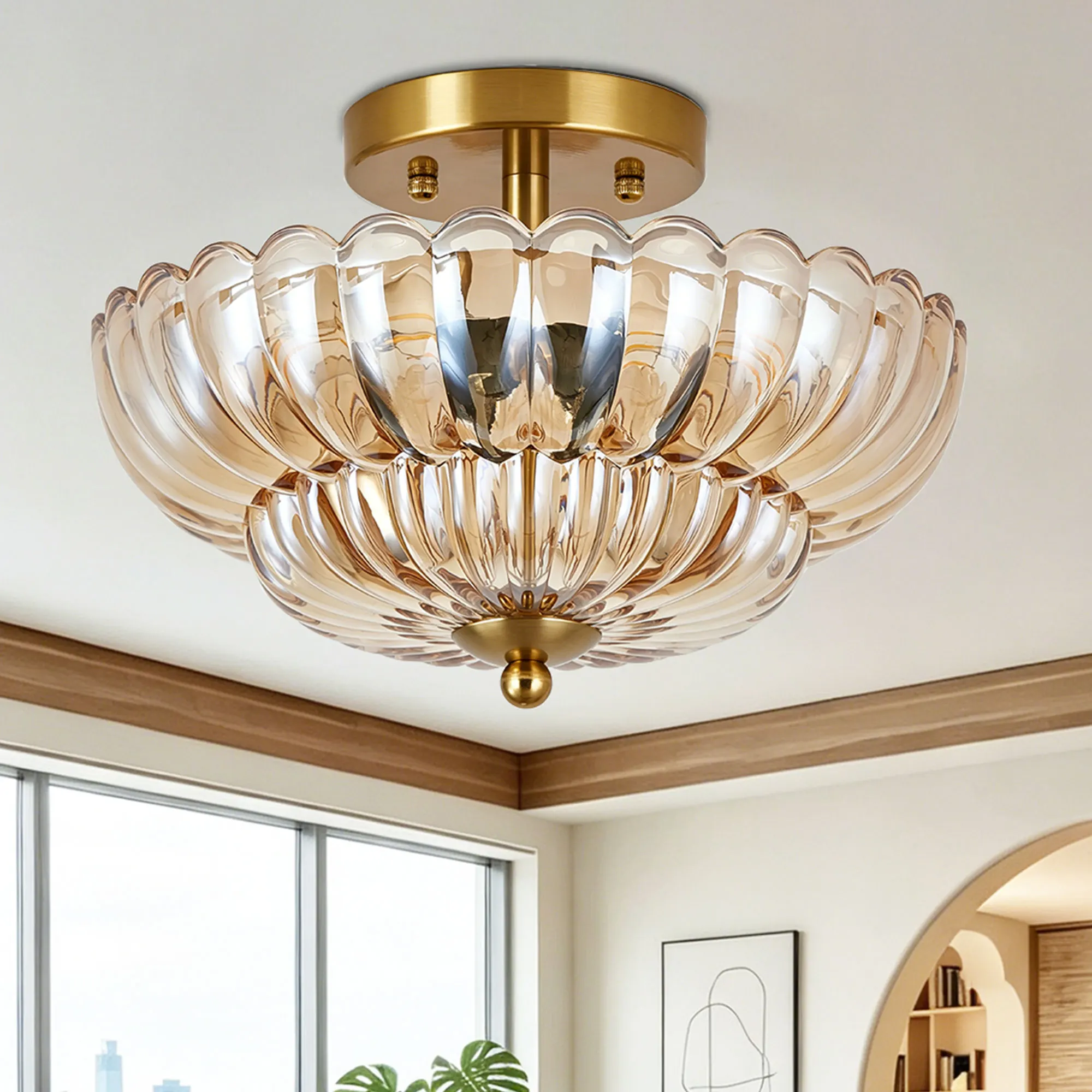 Vintage 3-Light Glass Semi-Flush Mount Ceiling Light, 11.8 in