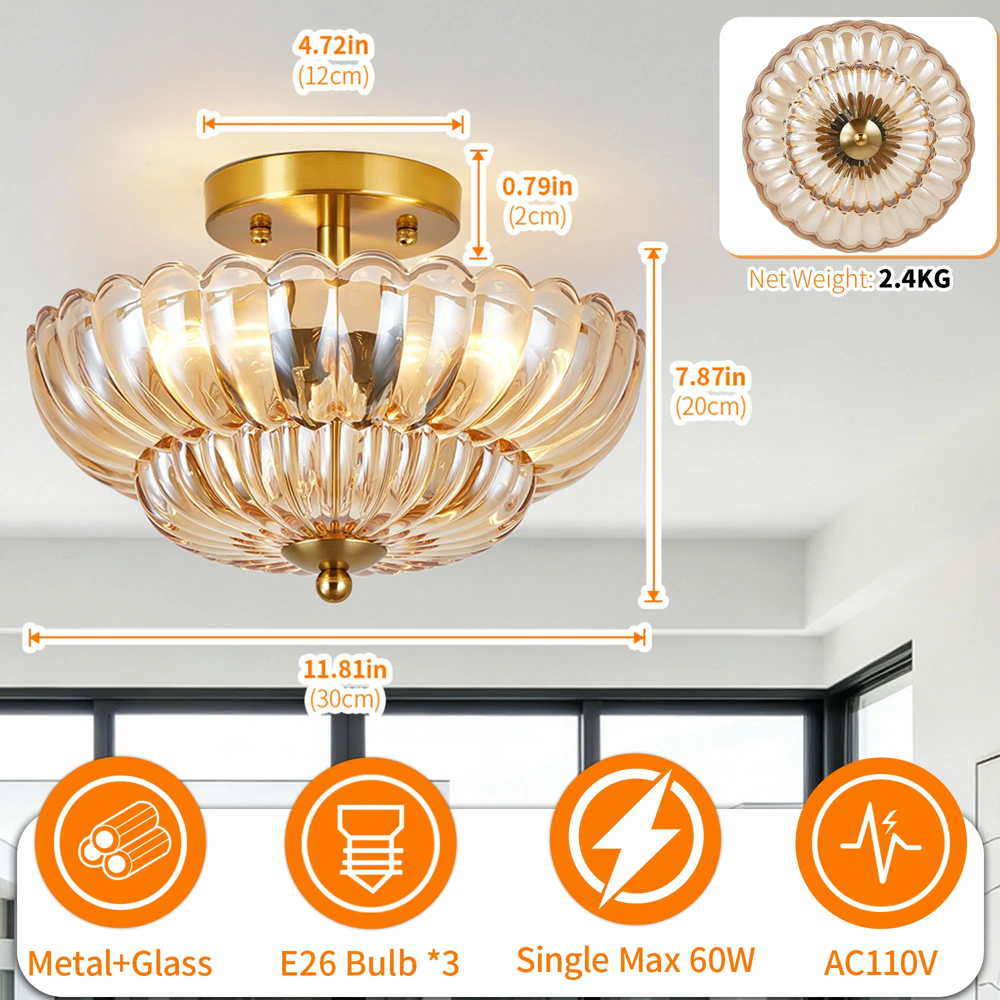 Vintage 3-Light Glass Semi-Flush Mount Ceiling Light, 11.8 in, image 3 of 11