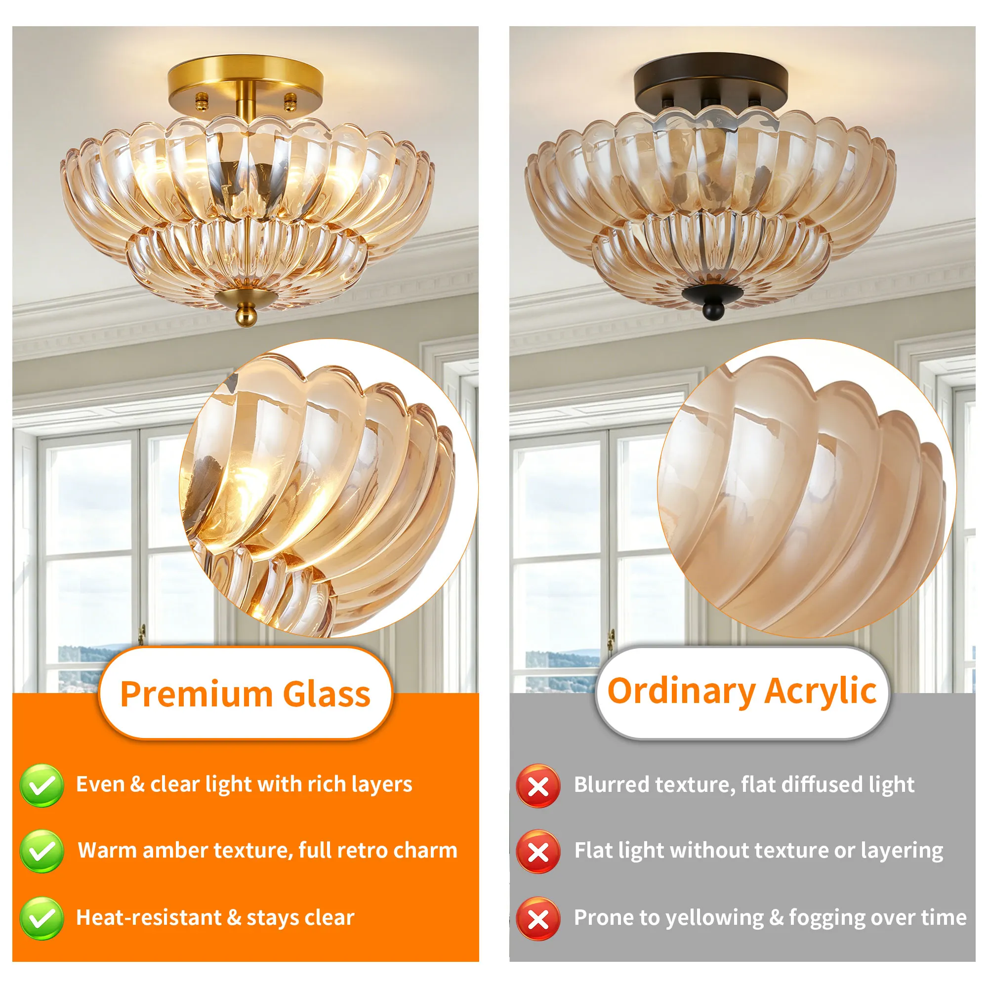 Vintage 3-Light Glass Semi-Flush Mount Ceiling Light, 11.8 in, image 8 of 11