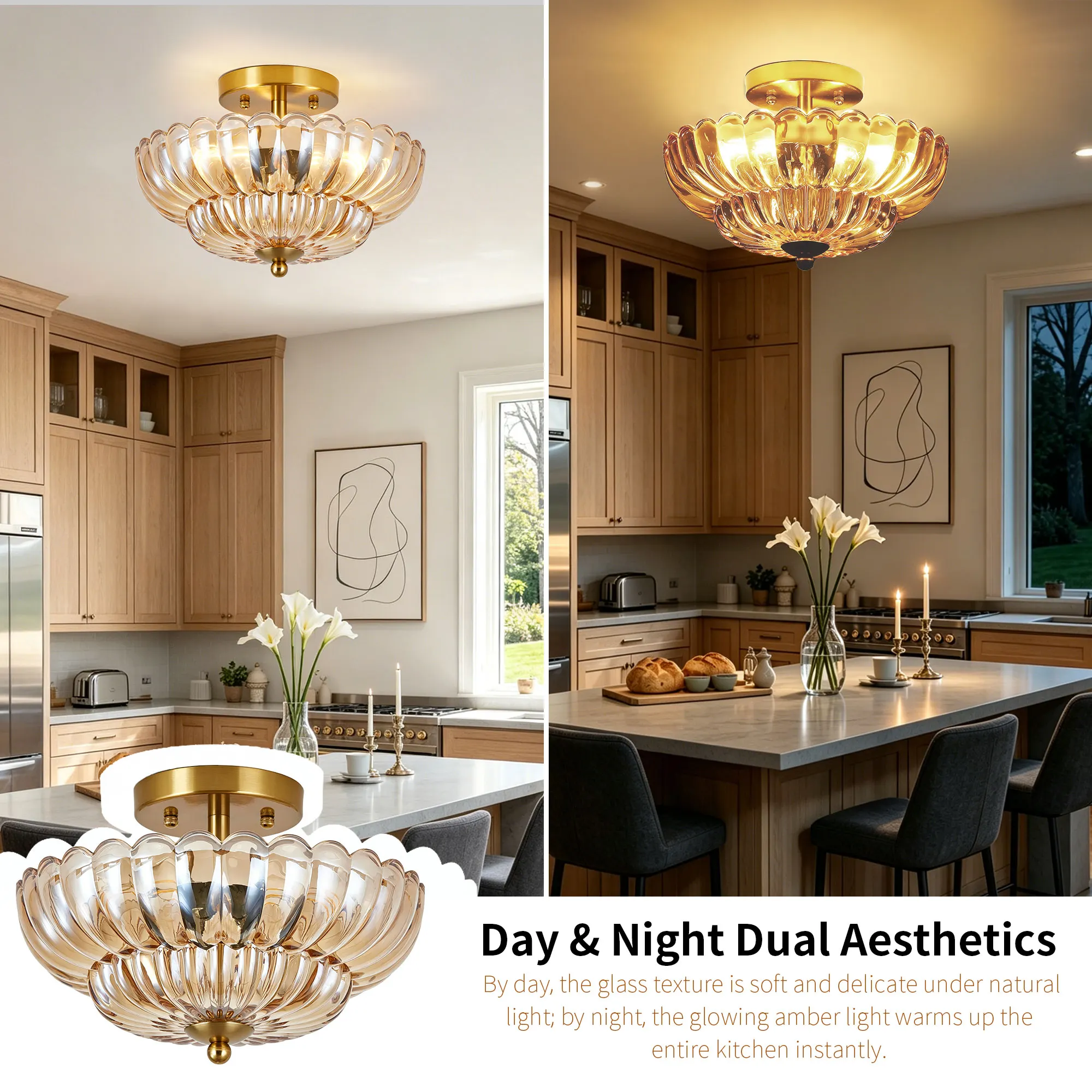 Vintage 3-Light Glass Semi-Flush Mount Ceiling Light, 11.8 in, image 4 of 11