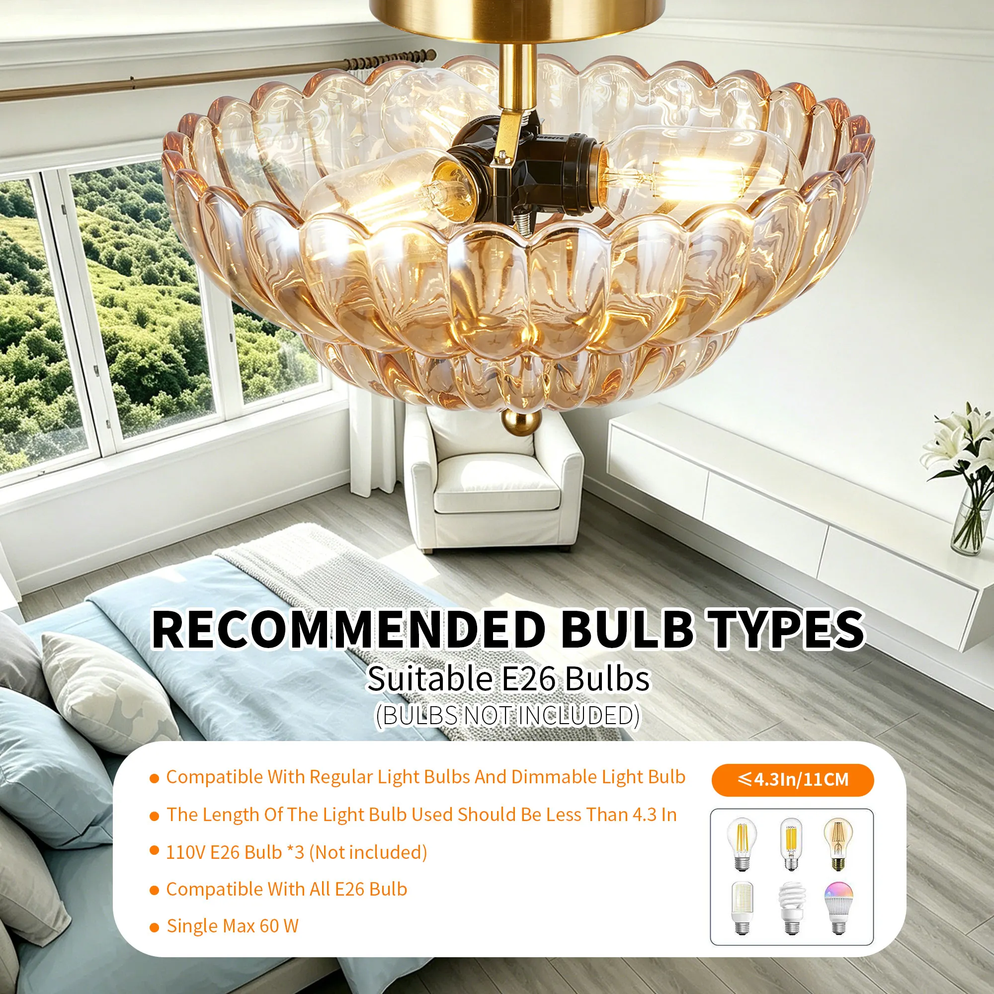 Vintage 3-Light Glass Semi-Flush Mount Ceiling Light, 11.8 in, image 5 of 11