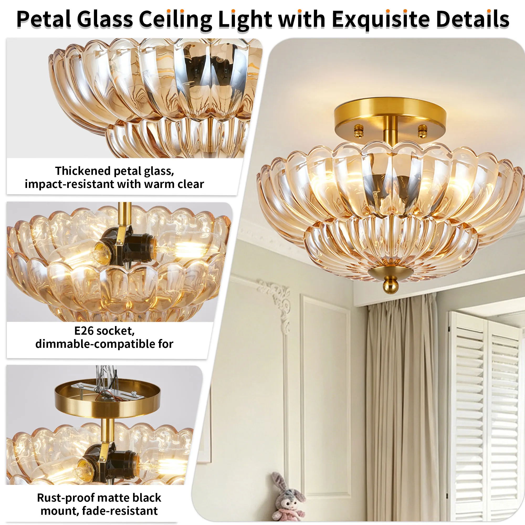 Vintage 3-Light Glass Semi-Flush Mount Ceiling Light, 11.8 in, image 6 of 11