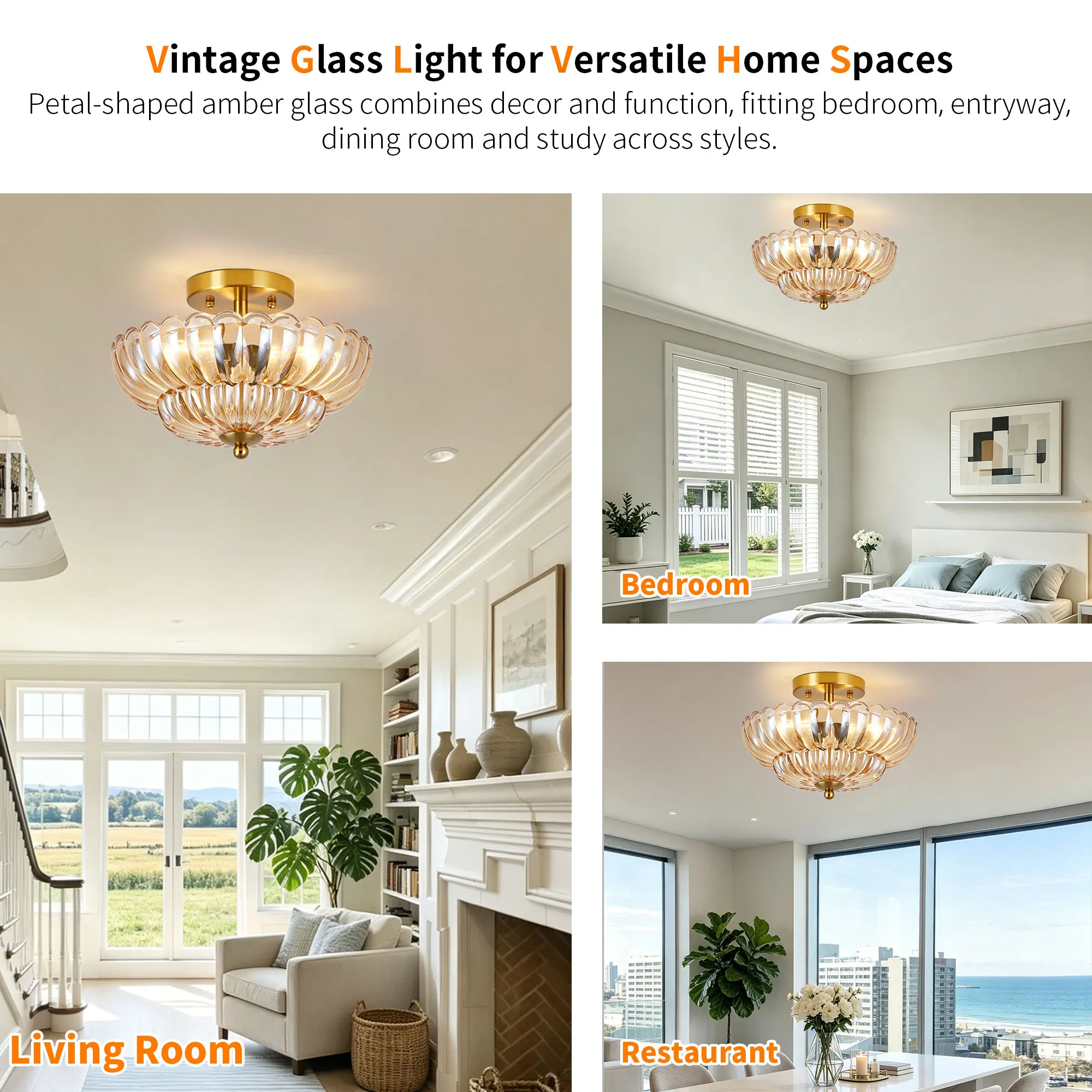 Vintage 3-Light Glass Semi-Flush Mount Ceiling Light, 11.8 in, image 7 of 11