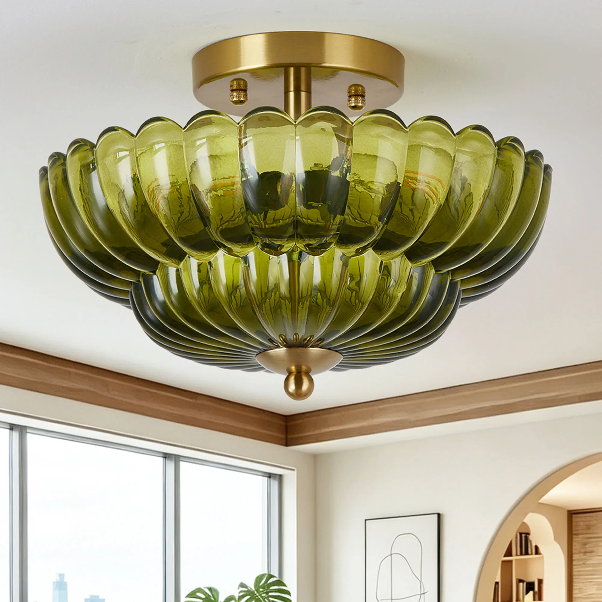 Vintage 3-Light Glass Semi-Flush Mount Ceiling Light, 11.8 in