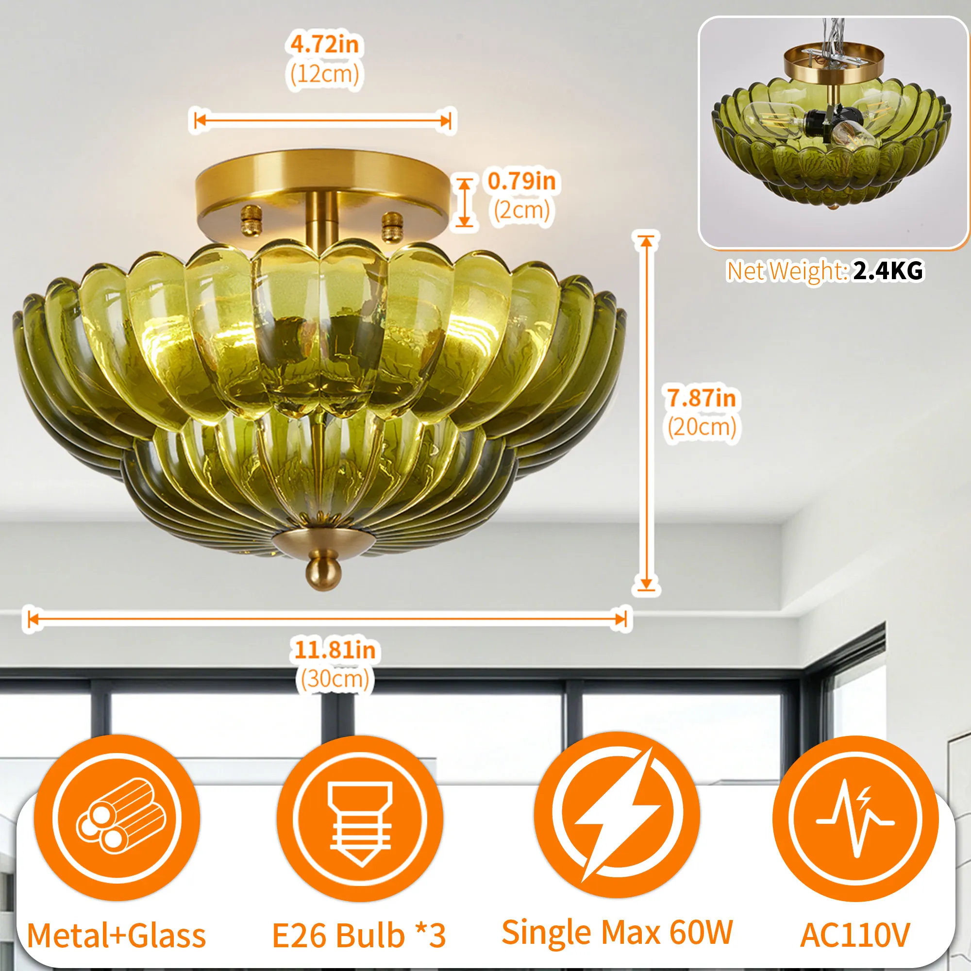 Vintage 3-Light Glass Semi-Flush Mount Ceiling Light, 11.8 in, image 3 of 11