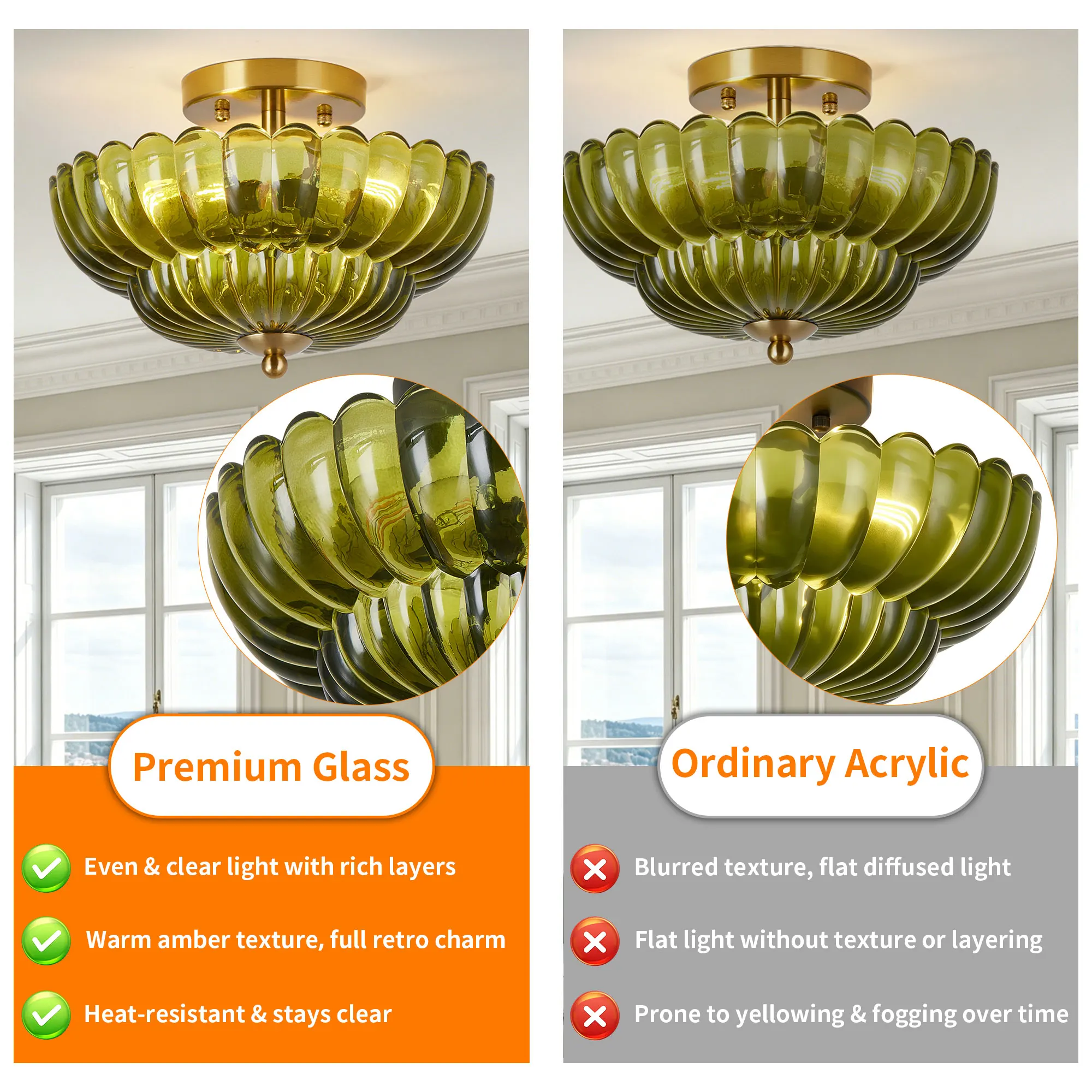 Vintage 3-Light Glass Semi-Flush Mount Ceiling Light, 11.8 in, image 10 of 11