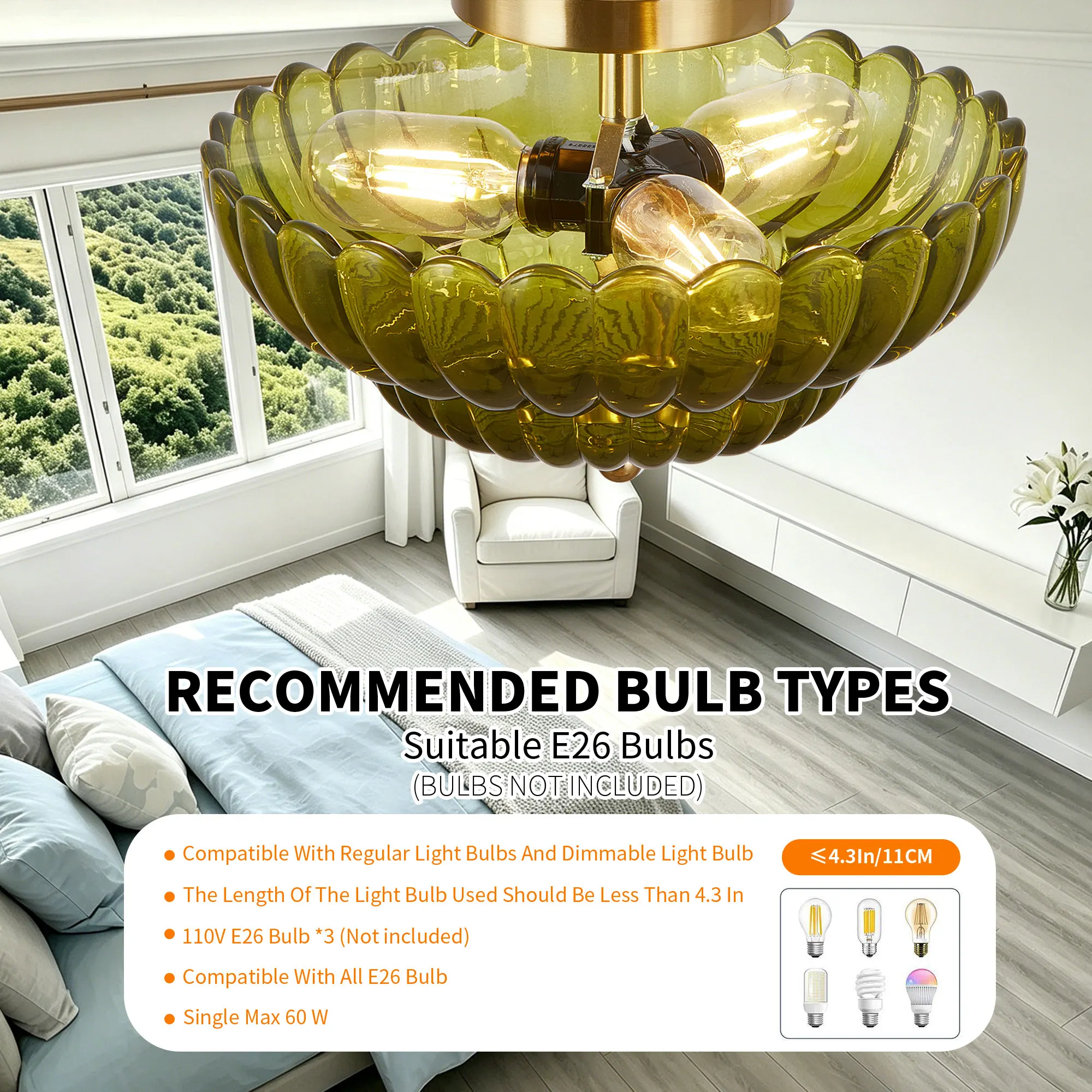 Vintage 3-Light Glass Semi-Flush Mount Ceiling Light, 11.8 in, image 5 of 11