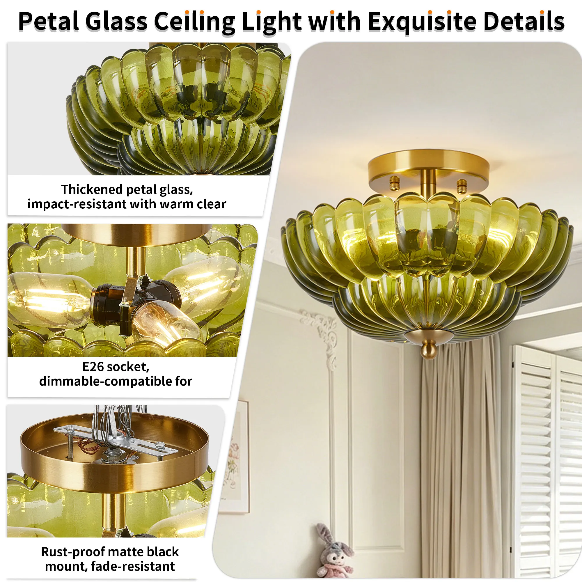 Vintage 3-Light Glass Semi-Flush Mount Ceiling Light, 11.8 in, image 11 of 11