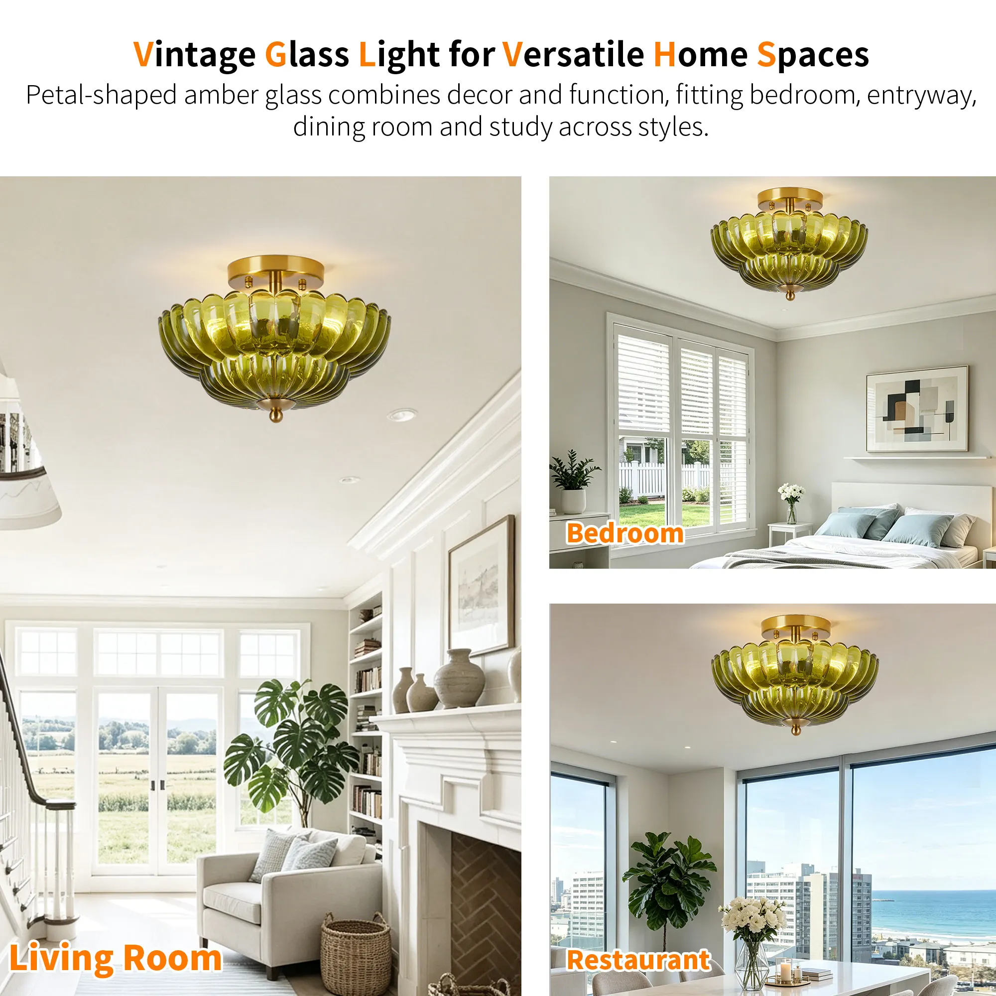 Vintage 3-Light Glass Semi-Flush Mount Ceiling Light, 11.8 in, image 6 of 11