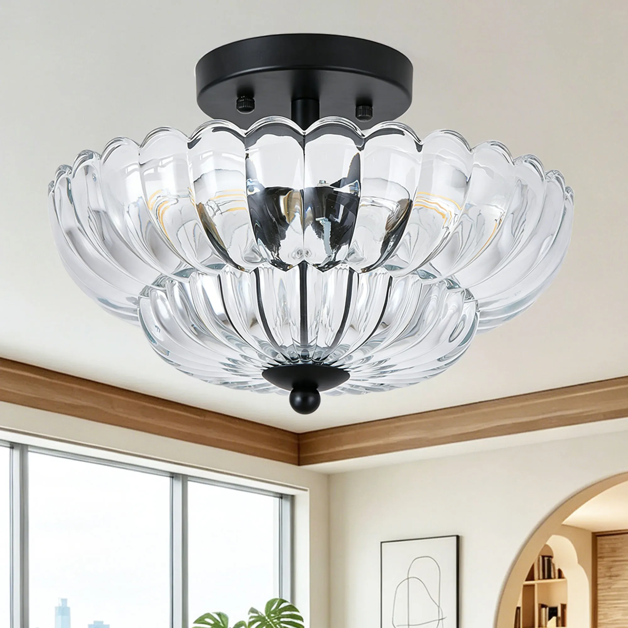 Vintage 3-Light Glass Semi-Flush Mount Ceiling Light, 11.8 in