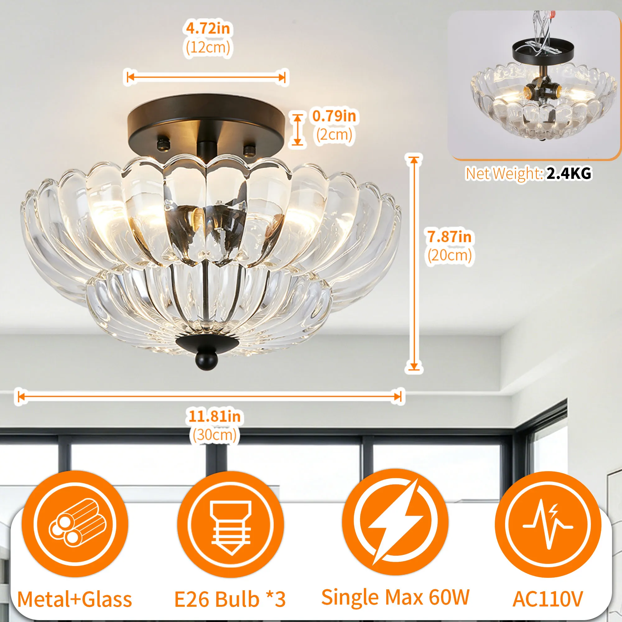 Vintage 3-Light Glass Semi-Flush Mount Ceiling Light, 11.8 in, image 7 of 11