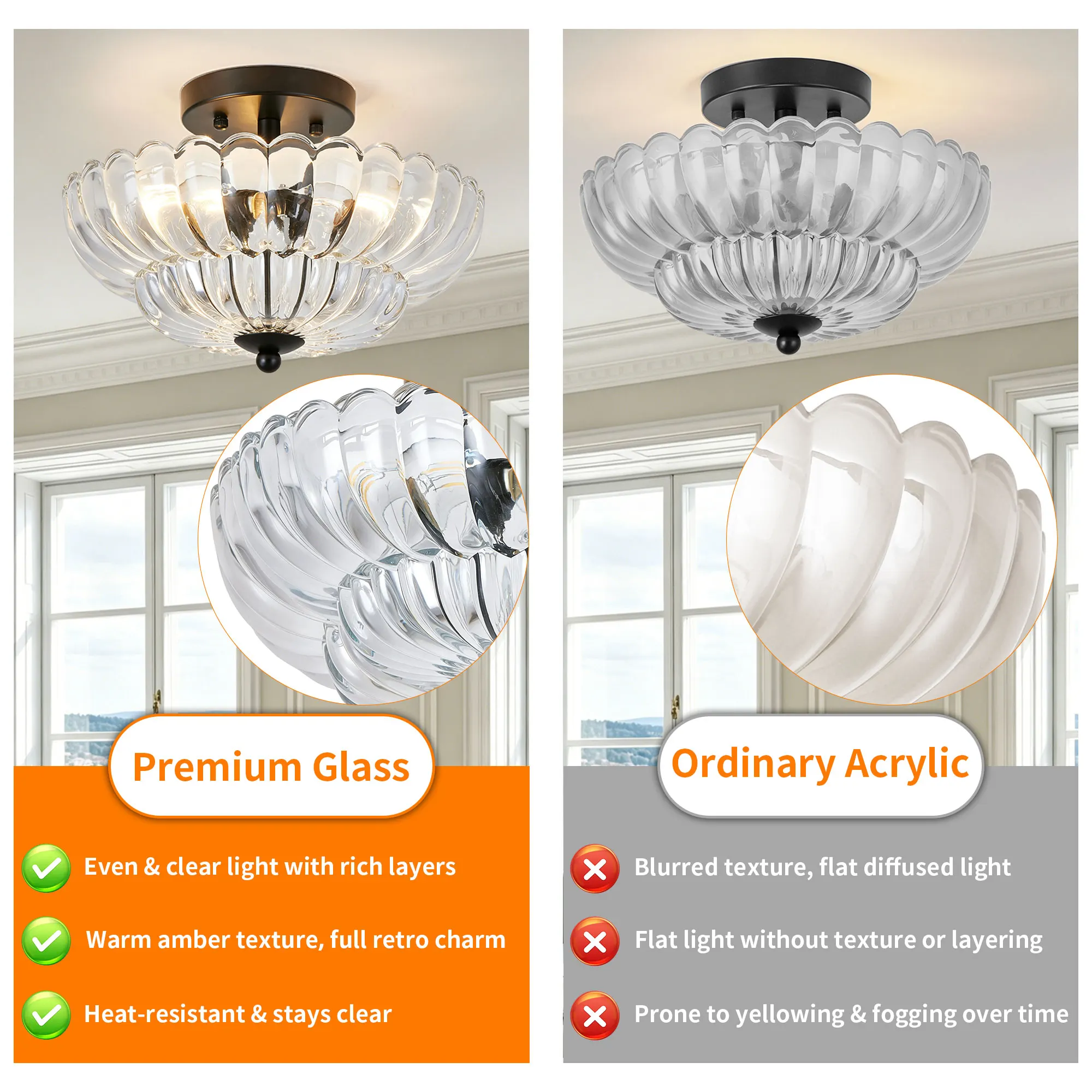 Vintage 3-Light Glass Semi-Flush Mount Ceiling Light, 11.8 in, image 8 of 11