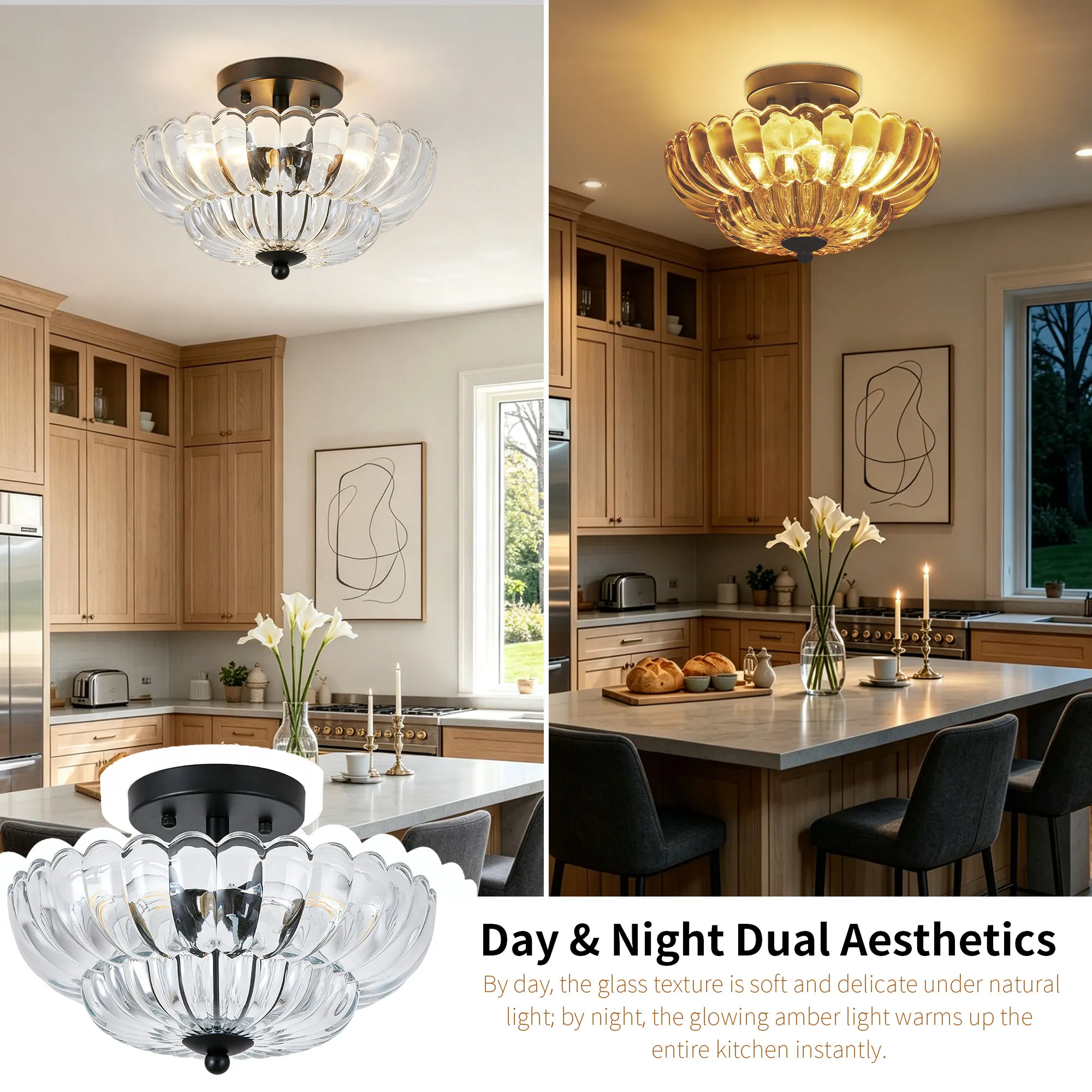 Vintage 3-Light Glass Semi-Flush Mount Ceiling Light, 11.8 in, image 3 of 11