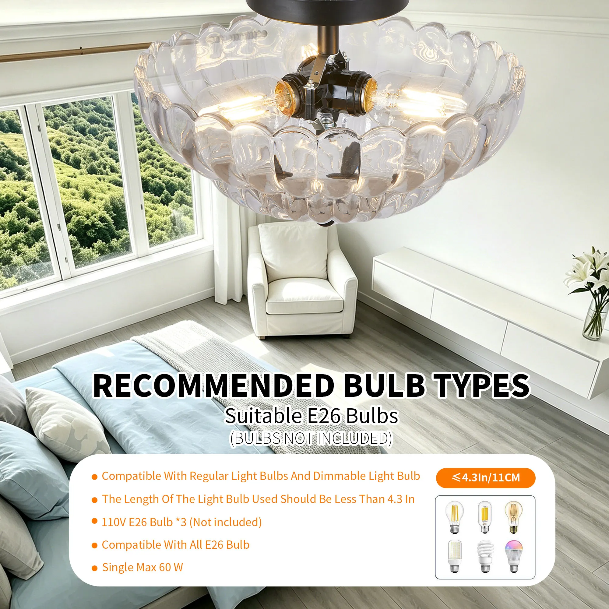 Vintage 3-Light Glass Semi-Flush Mount Ceiling Light, 11.8 in, image 4 of 11