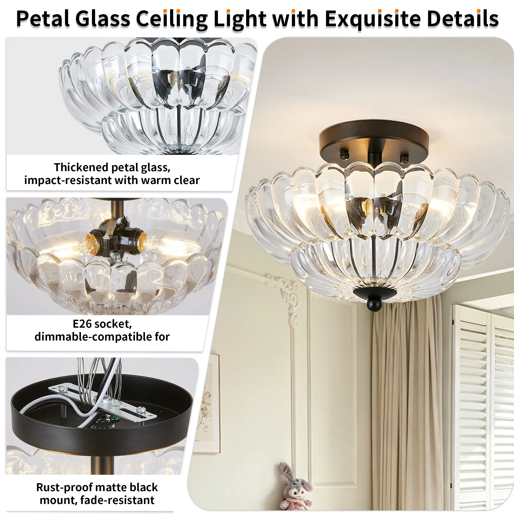 Vintage 3-Light Glass Semi-Flush Mount Ceiling Light, 11.8 in, image 5 of 11