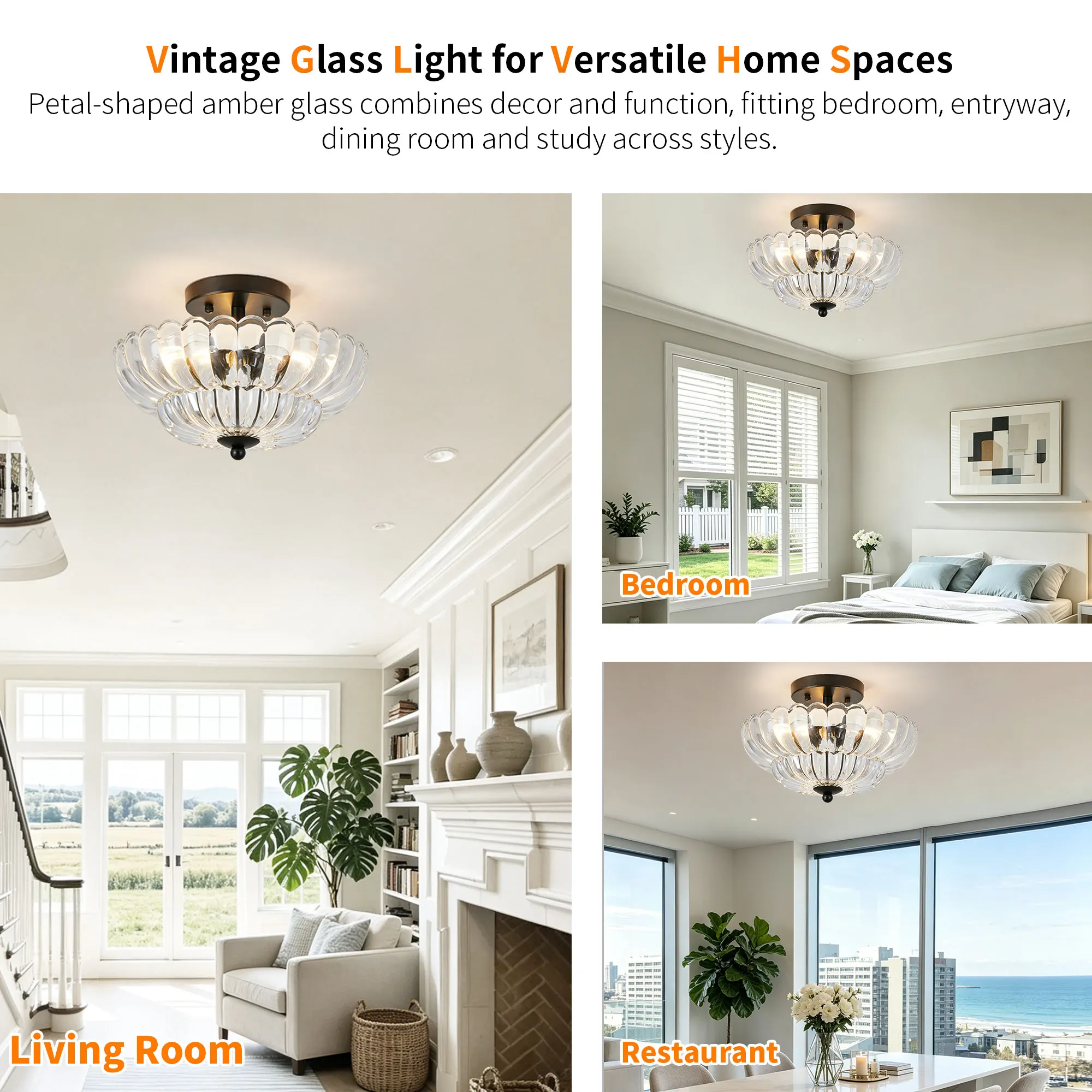 Vintage 3-Light Glass Semi-Flush Mount Ceiling Light, 11.8 in, image 6 of 11
