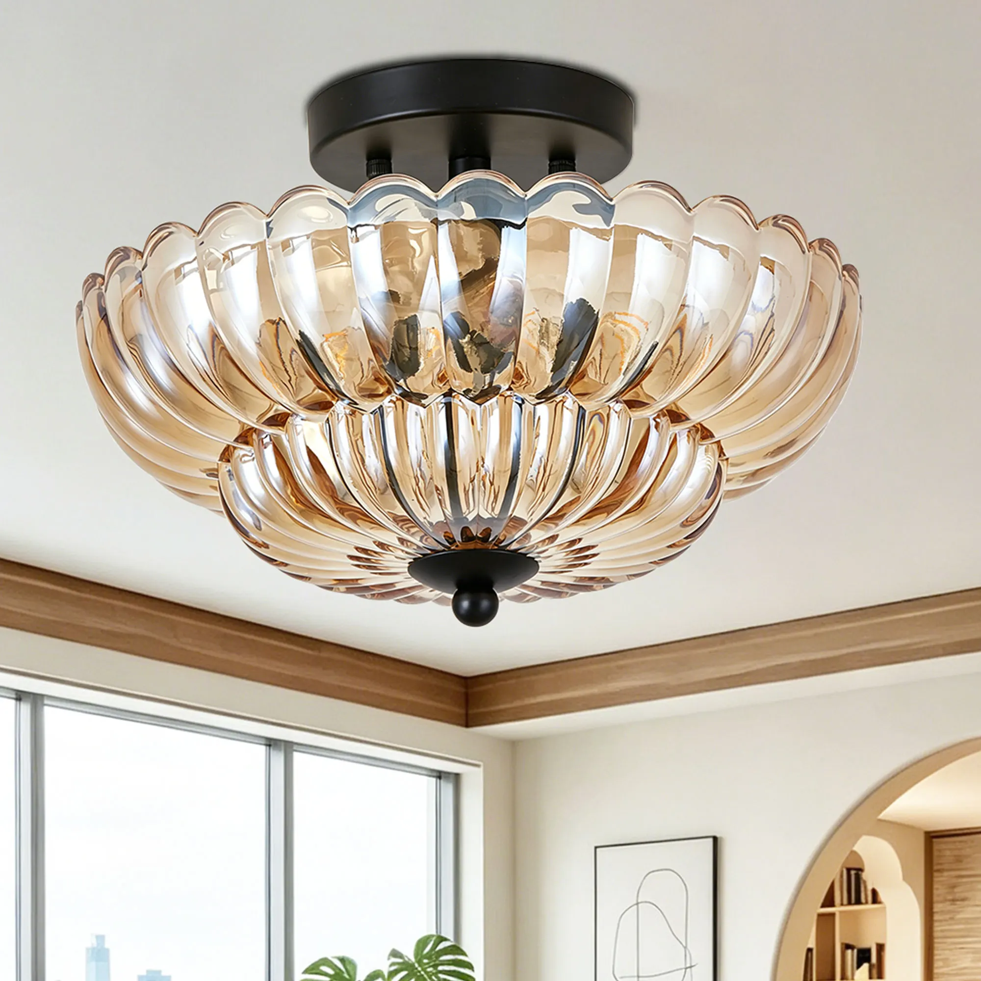 Vintage 3-Light Glass Semi-Flush Mount Ceiling Light, 11.8 in