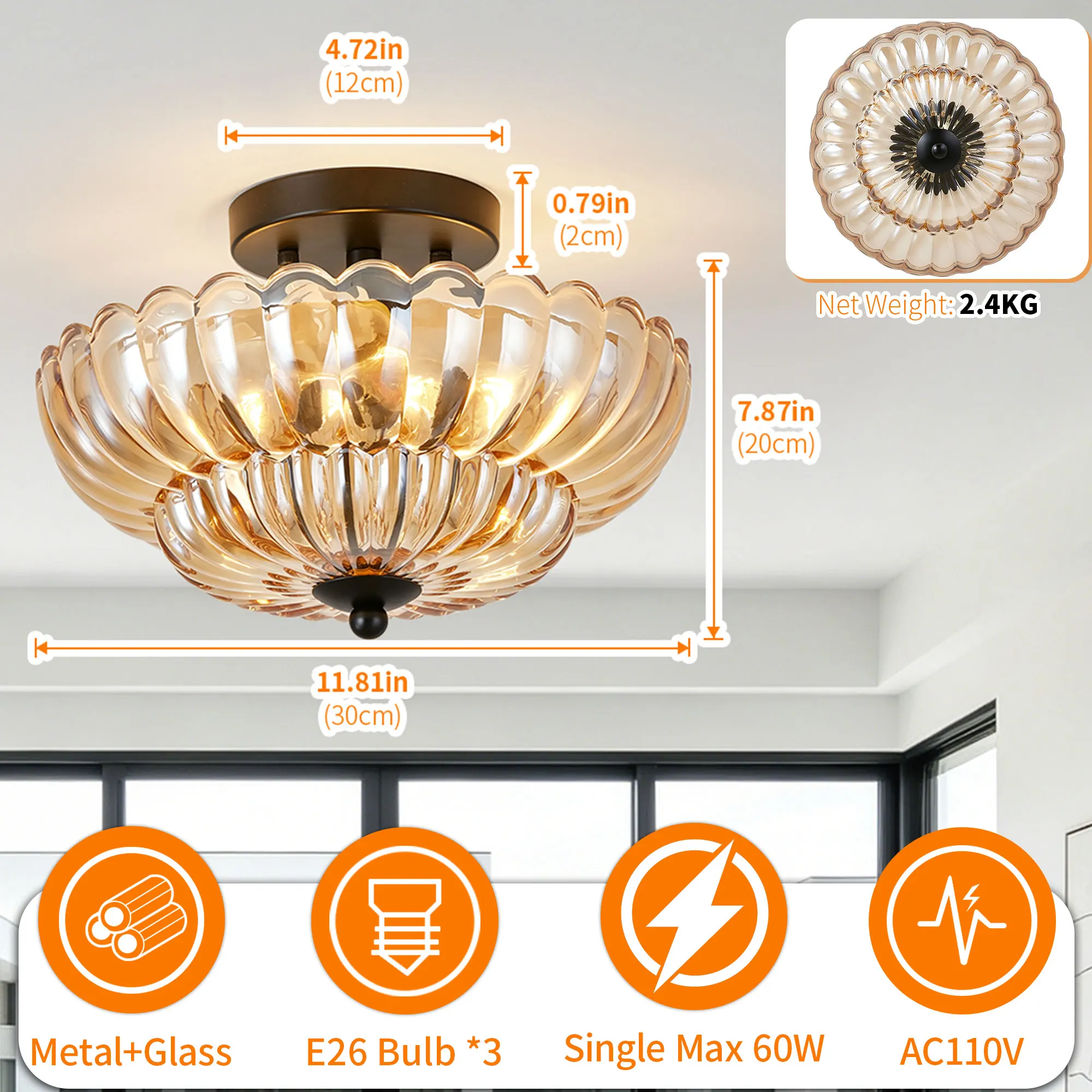 Vintage 3-Light Glass Semi-Flush Mount Ceiling Light, 11.8 in, image 3 of 11