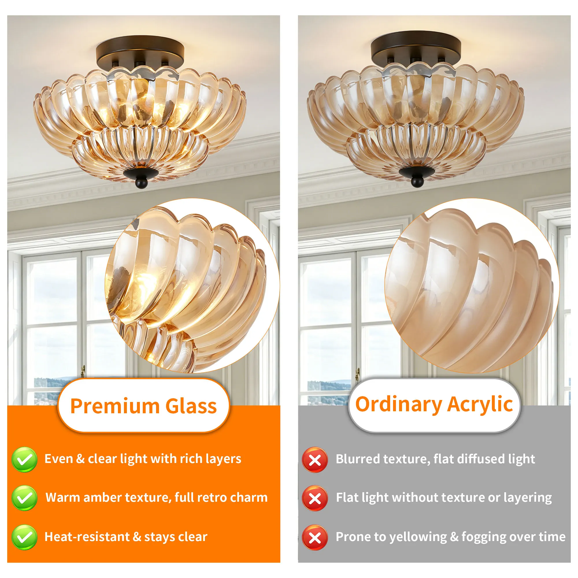 Vintage 3-Light Glass Semi-Flush Mount Ceiling Light, 11.8 in, image 8 of 11