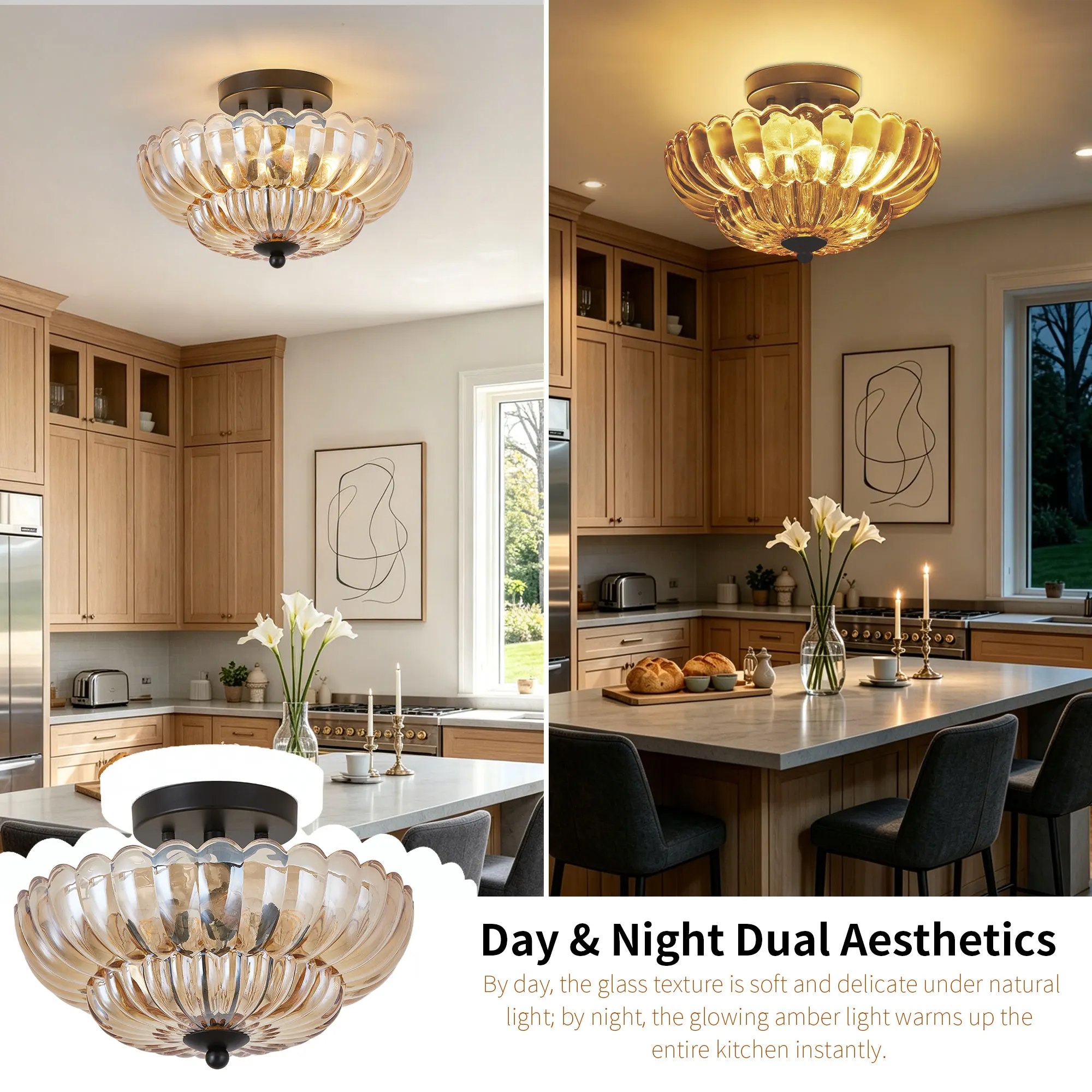 Vintage 3-Light Glass Semi-Flush Mount Ceiling Light, 11.8 in, image 4 of 11