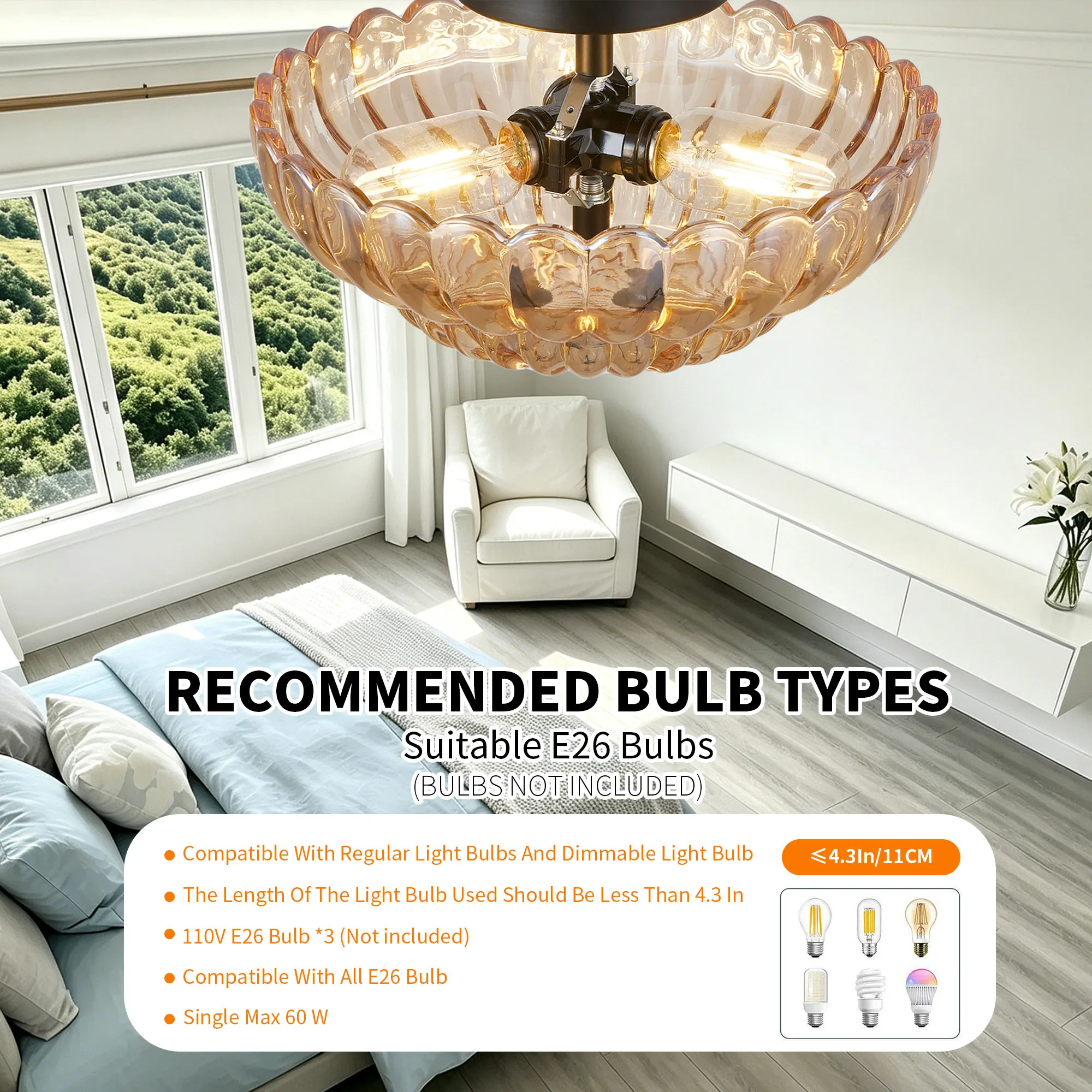 Vintage 3-Light Glass Semi-Flush Mount Ceiling Light, 11.8 in, image 5 of 11
