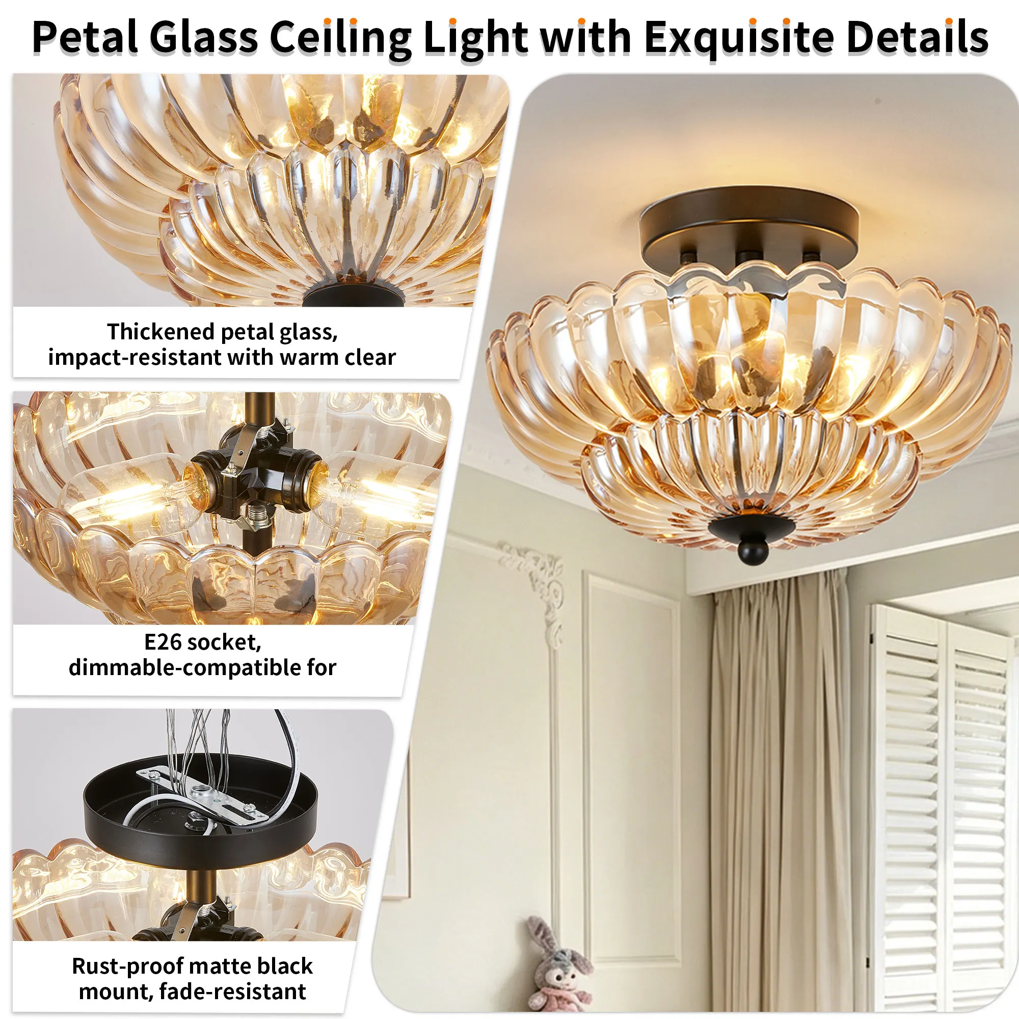 Vintage 3-Light Glass Semi-Flush Mount Ceiling Light, 11.8 in, image 6 of 11