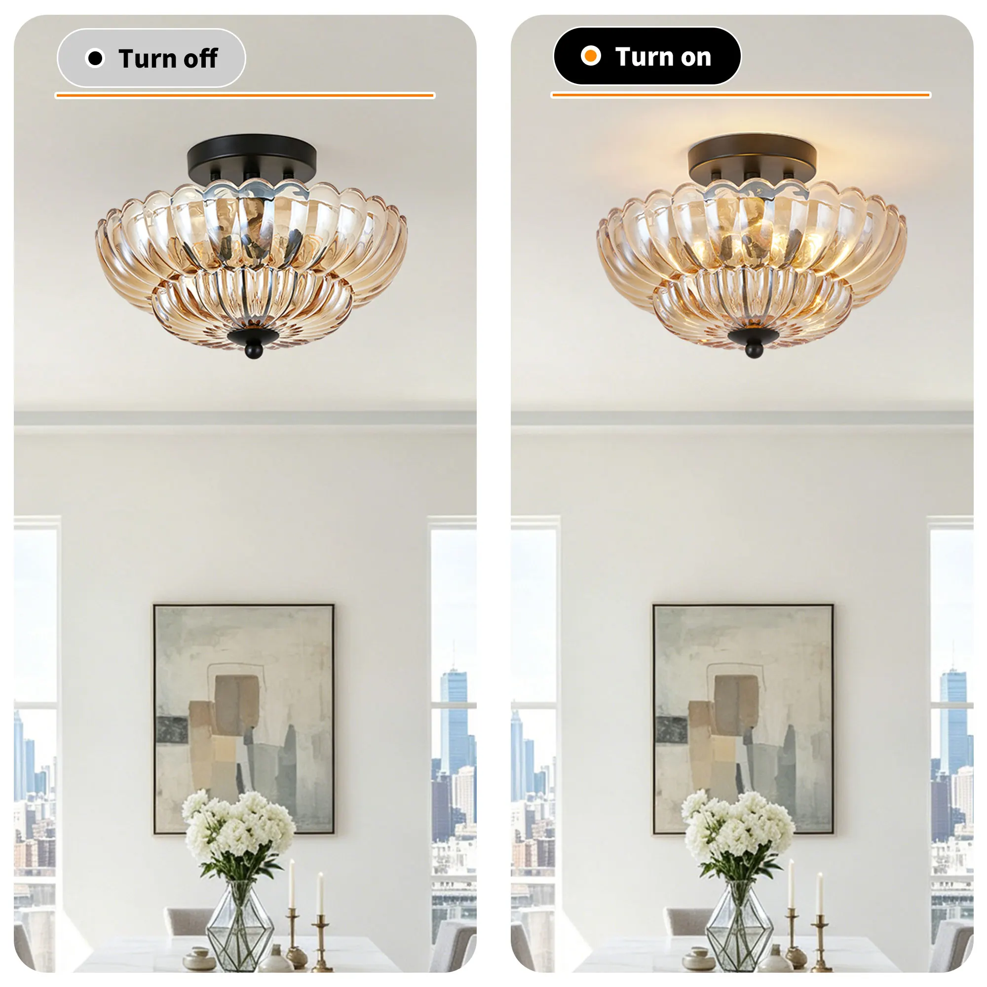 Vintage 3-Light Glass Semi-Flush Mount Ceiling Light, 11.8 in, image 11 of 11