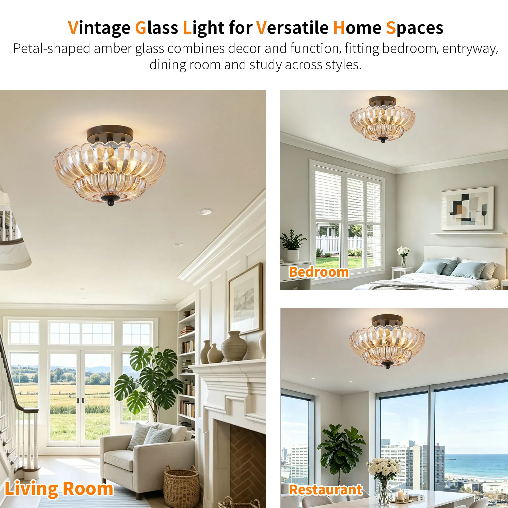 Vintage 3-Light Glass Semi-Flush Mount Ceiling Light, 11.8 in, image 7 of 11