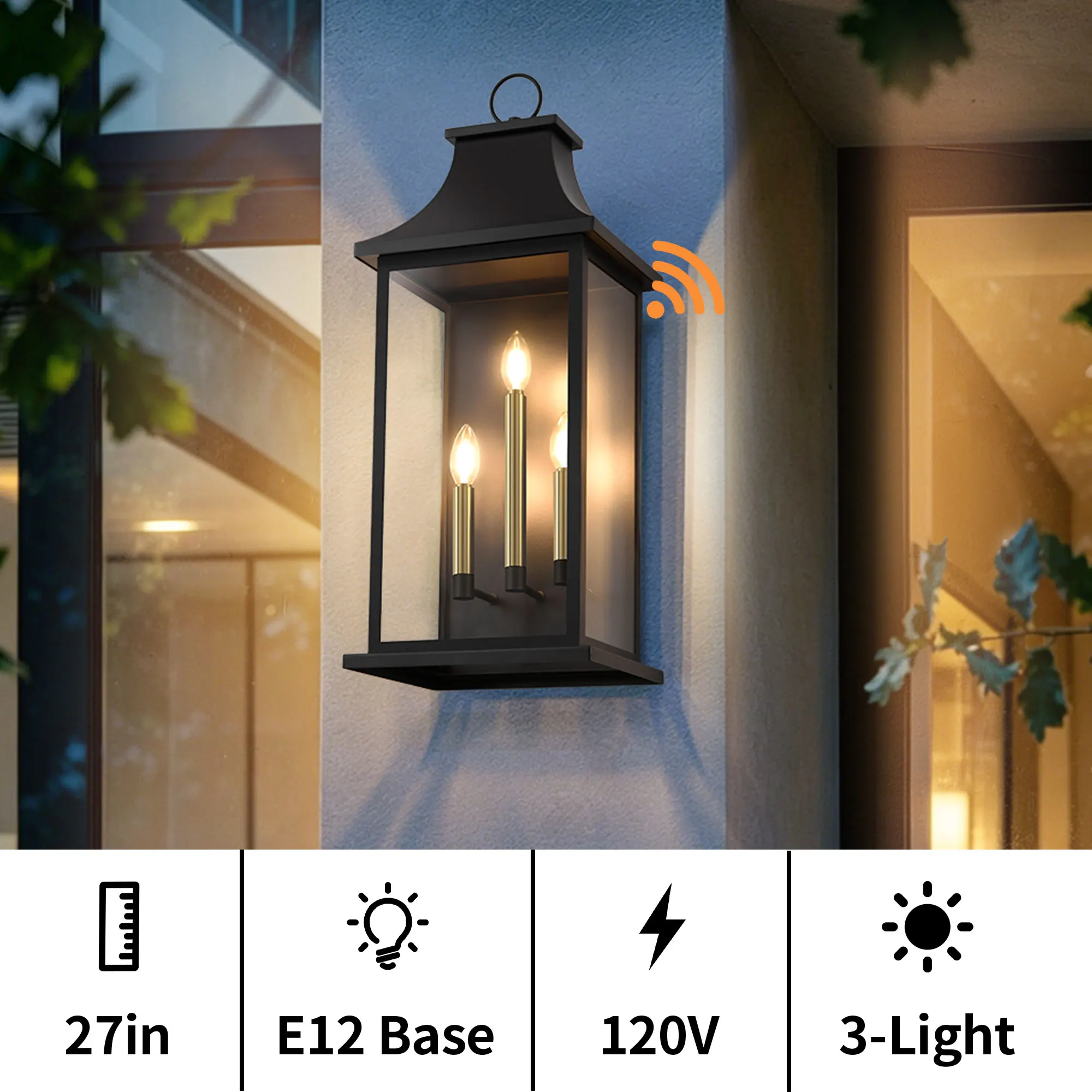 Matte Black 3-Light Clear Glass Outdoor Wall Light, 27.7 in · Dusk-to-Dawn, image 5 of 9